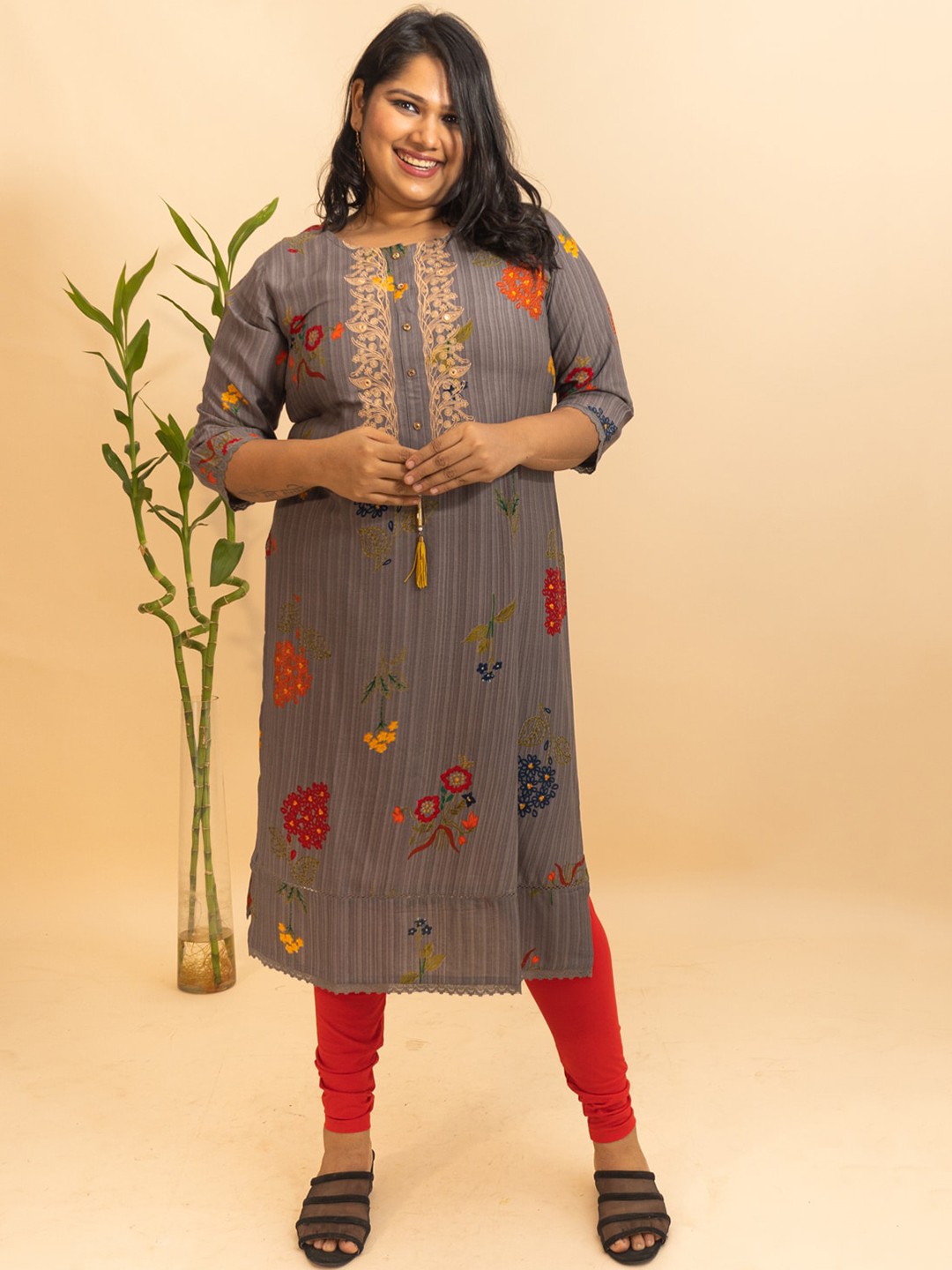 

Bani Women Plus Size Grey Floral Embroidered Liva Kurta