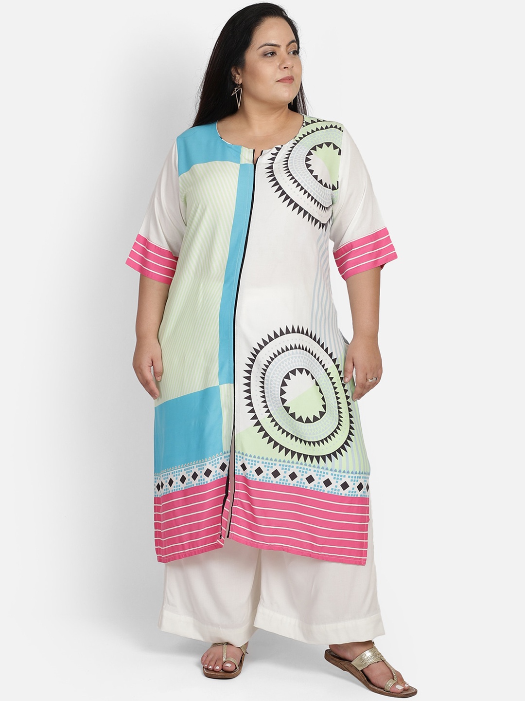 

Bani Plus Size White & Blue Printed Kurta