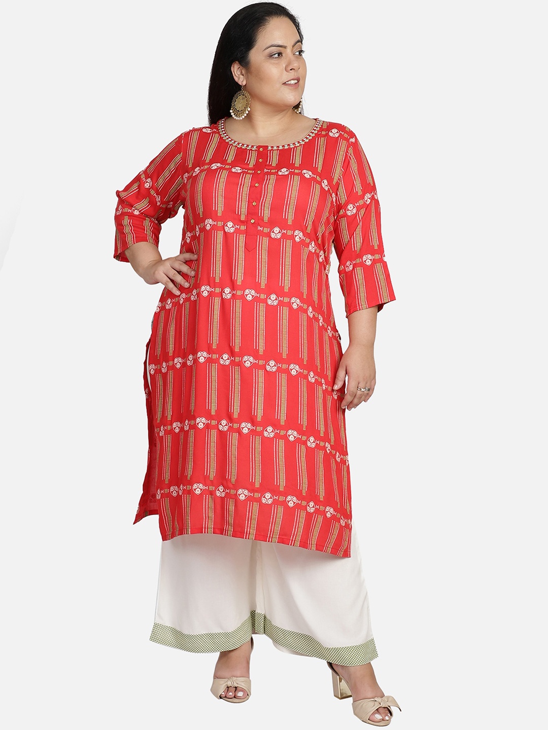 

Bani Women Plus Size Red Geometric Printed Embellished Liva Kurta