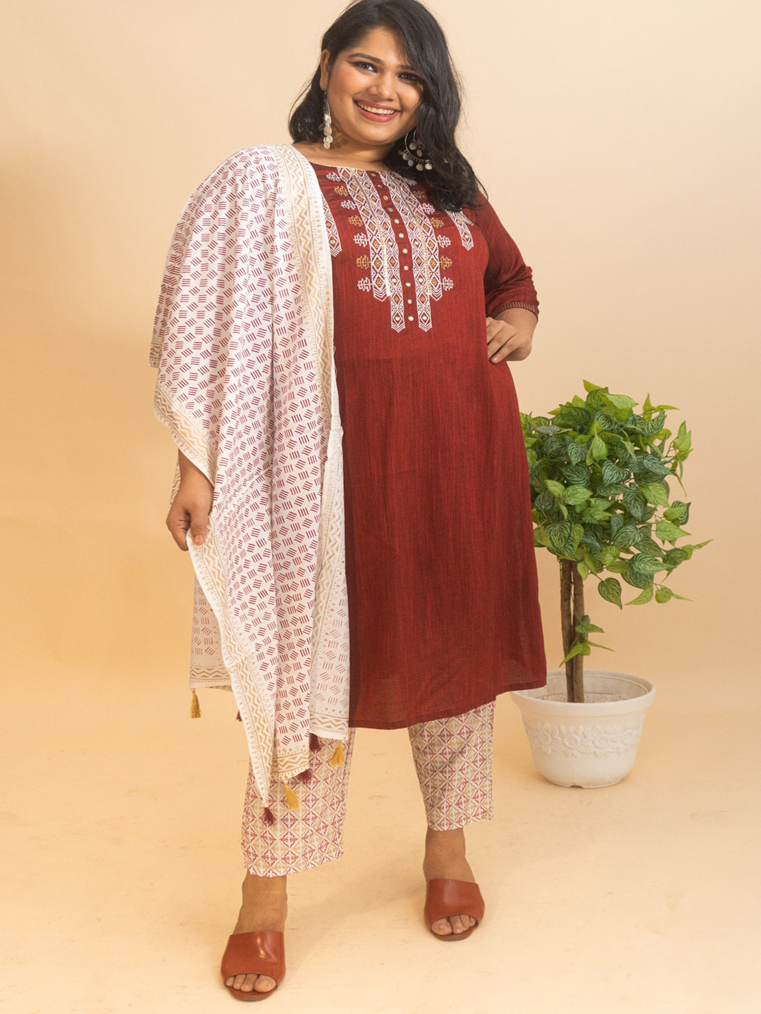 

Bani Plus Size Maroon Ethnic Motifs Embroidered Liva Kurta with Trousers & With Dupatta