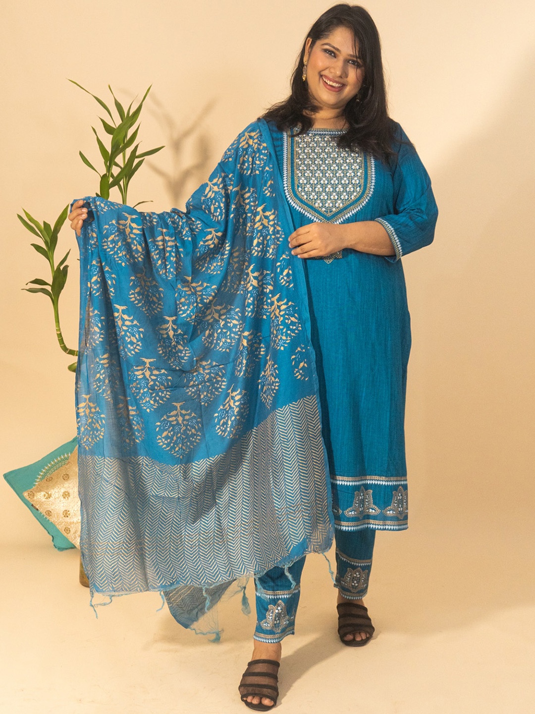 

Bani Women Plus Size Blue Printed Liva Kurta With Trousers & Dupatta