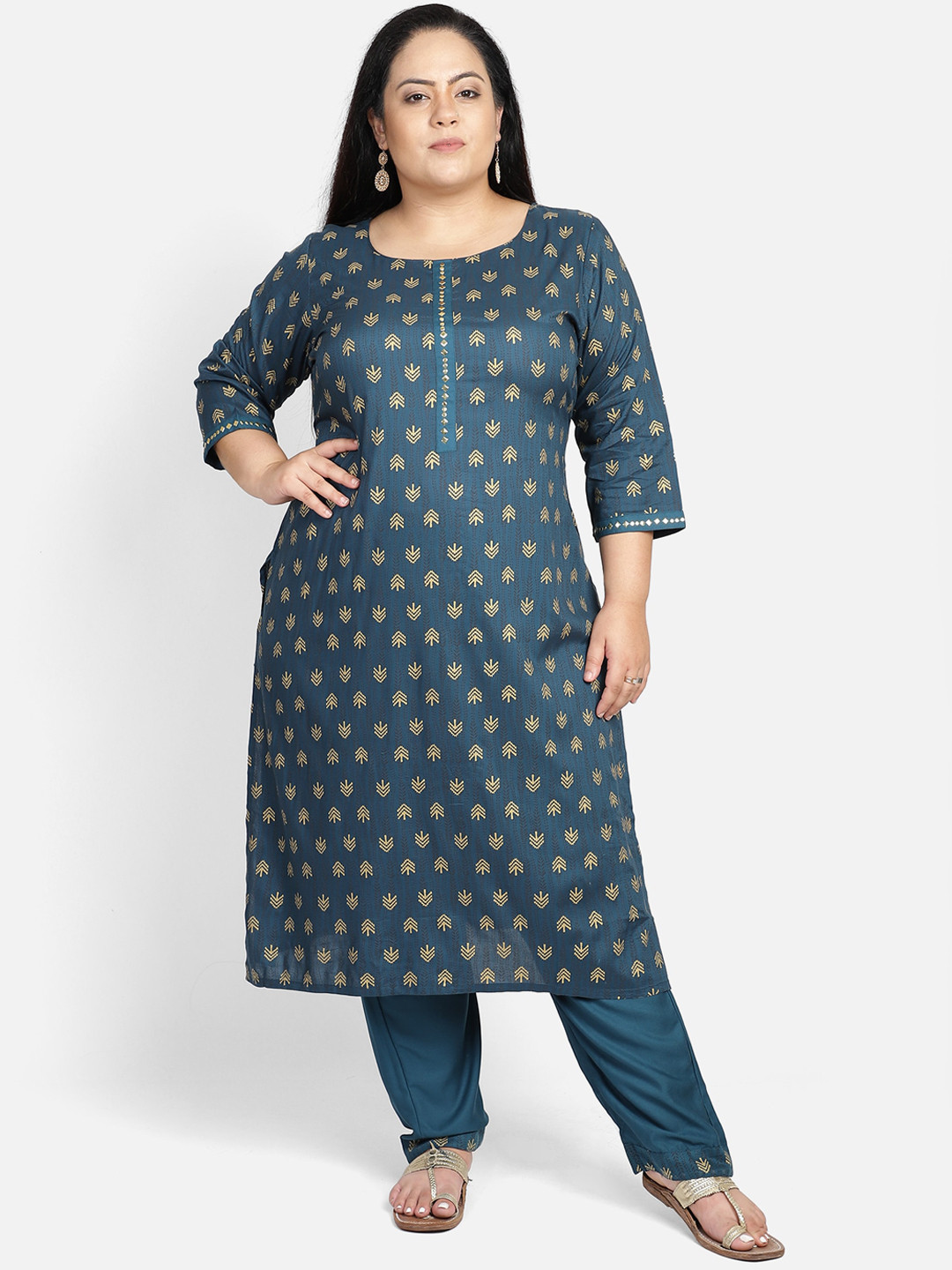 

Bani Plus Size Teal Ethnic Motifs Printed Liva Kurta with Trousers
