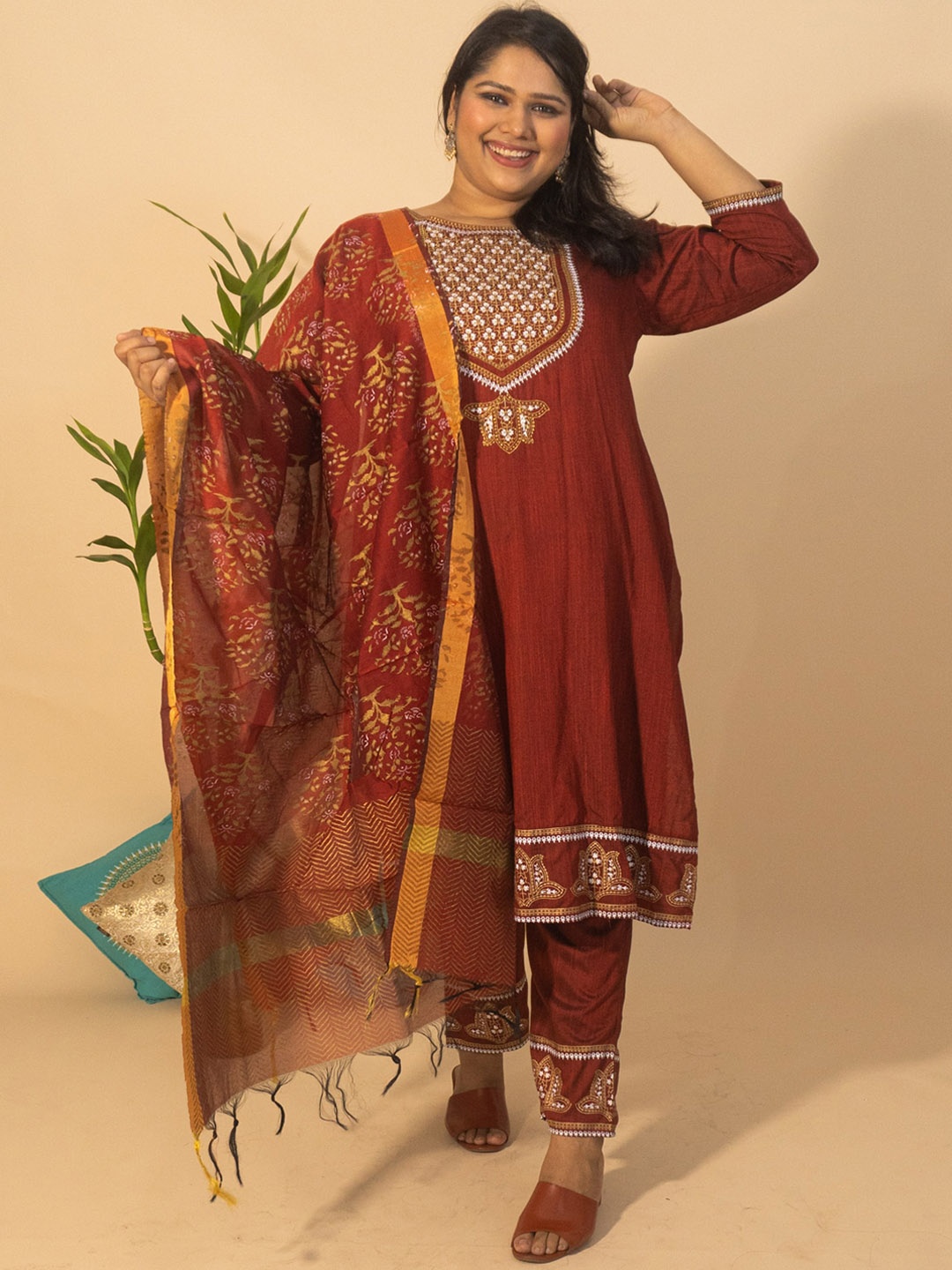 

Bani Women Plus Size Maroon Yoke Design Liva Kurta with Trousers & With Dupatta