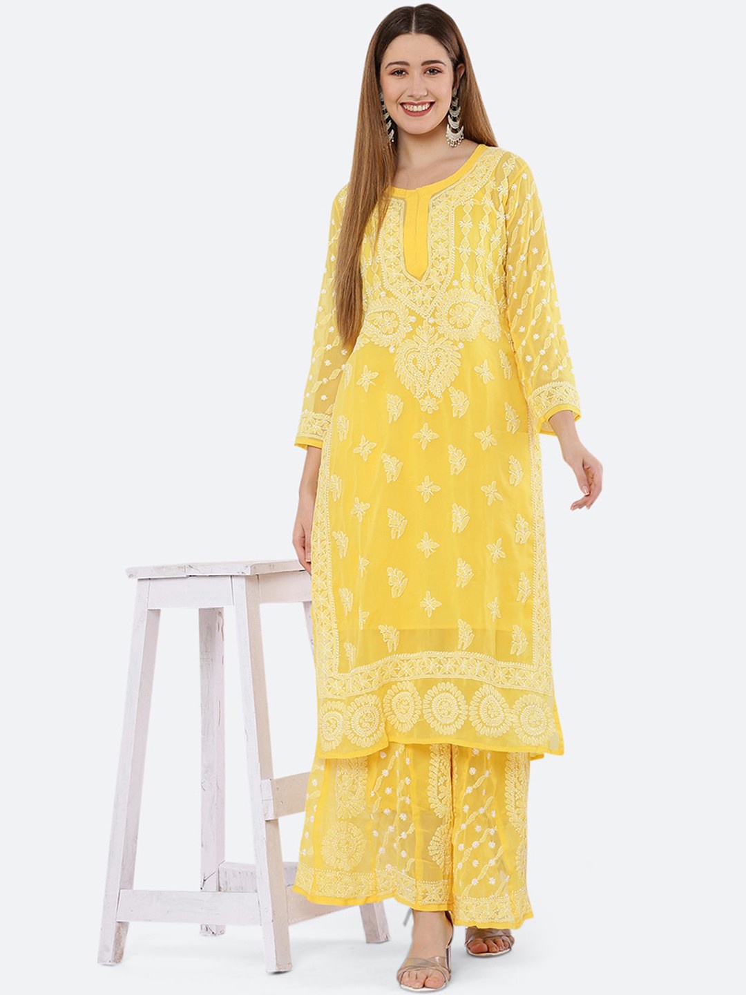 

FAWOMENT Yellow Ethnic Motifs Embroidered Chikankari Kurta with Sharara