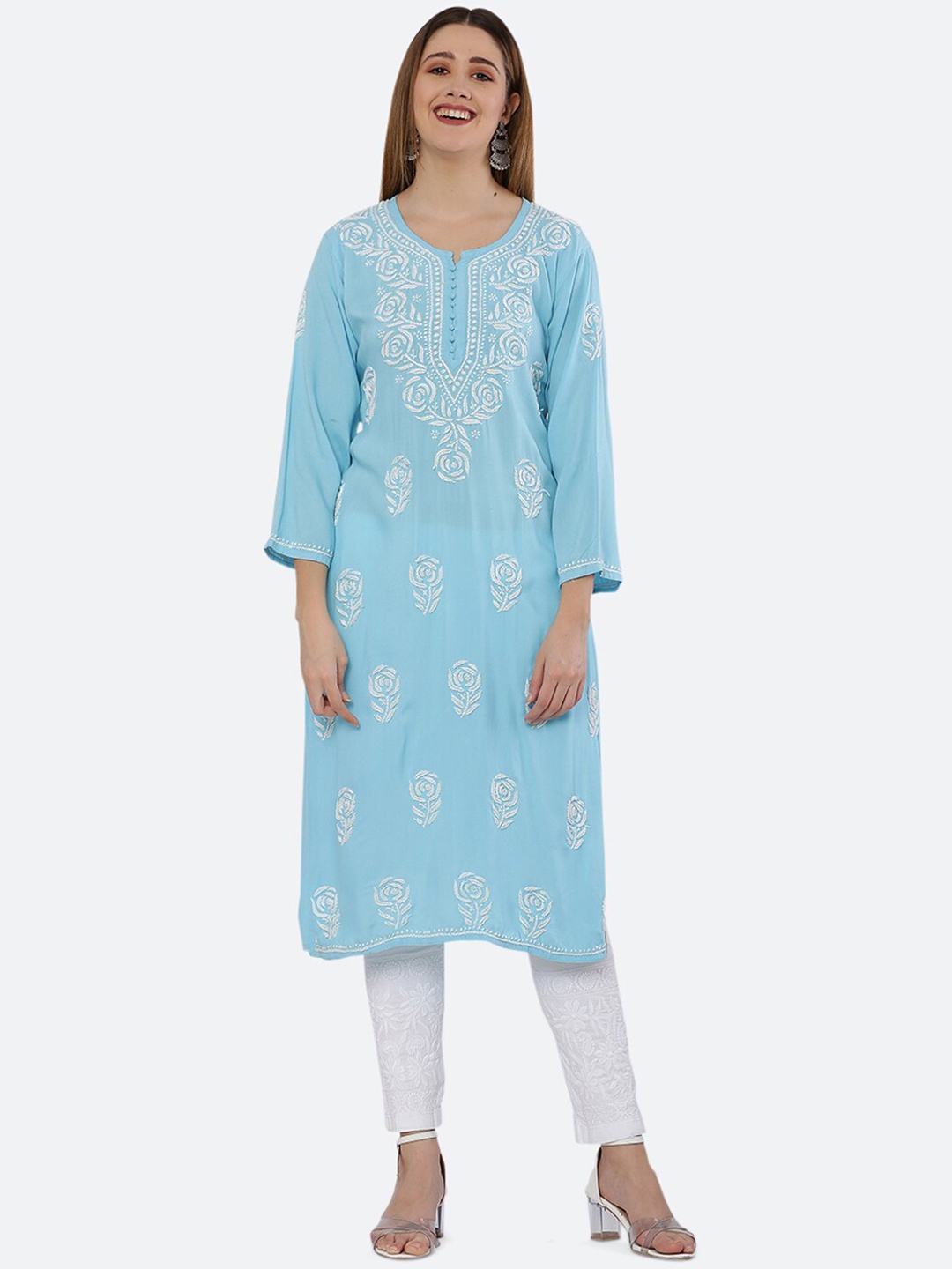 

FAWOMENT Women Blue Hand Embroidered Lucknowi Chikankari Kurta