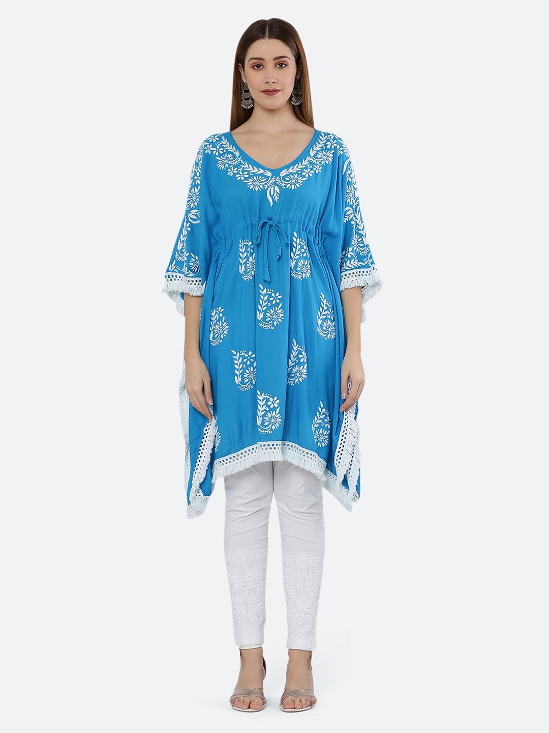 

FAWOMENT Women Navy Blue Ethnic Motifs Printed Chikankari Kaftan Kurta