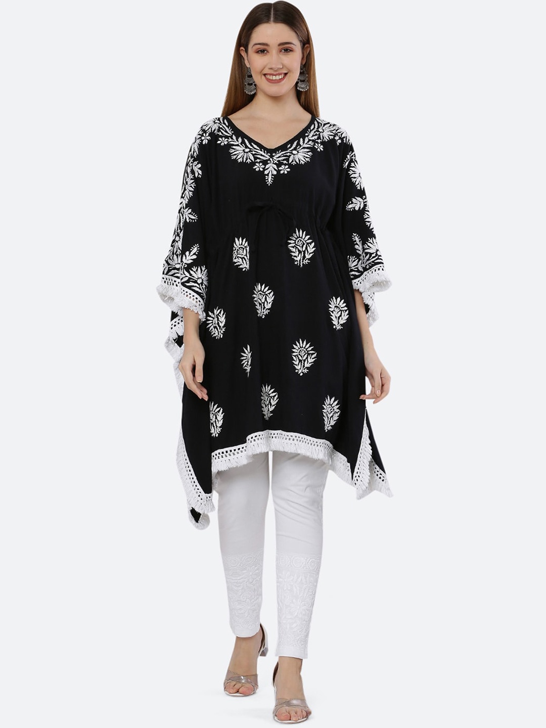 

FAWOMENT Black Ethnic Motifs Embroidered Flared Sleeves Chikankari Kaftan Kurta