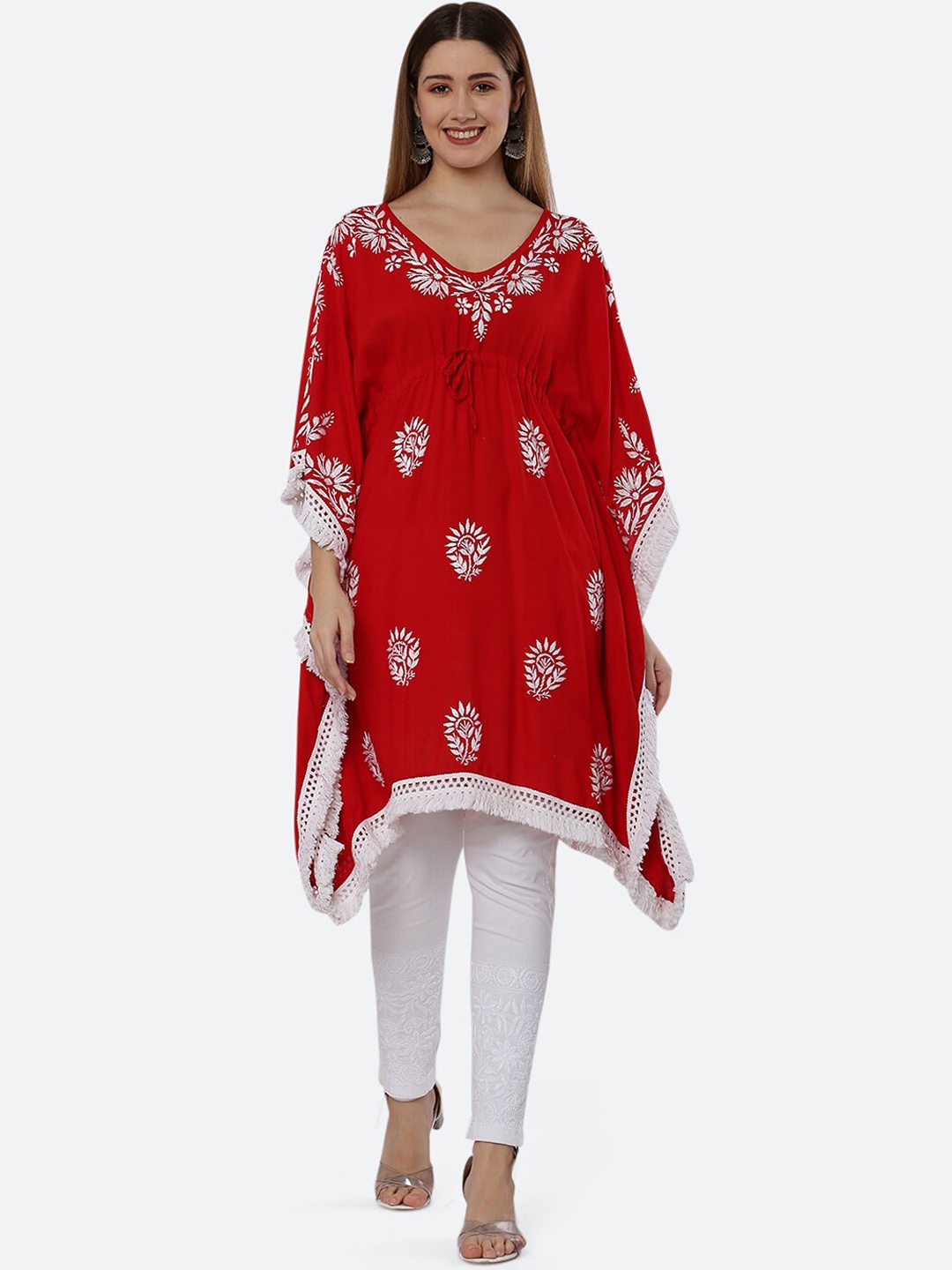 

FAWOMENT Women Red Ethnic Motifs Printed Chikankari Kaftan Kurta