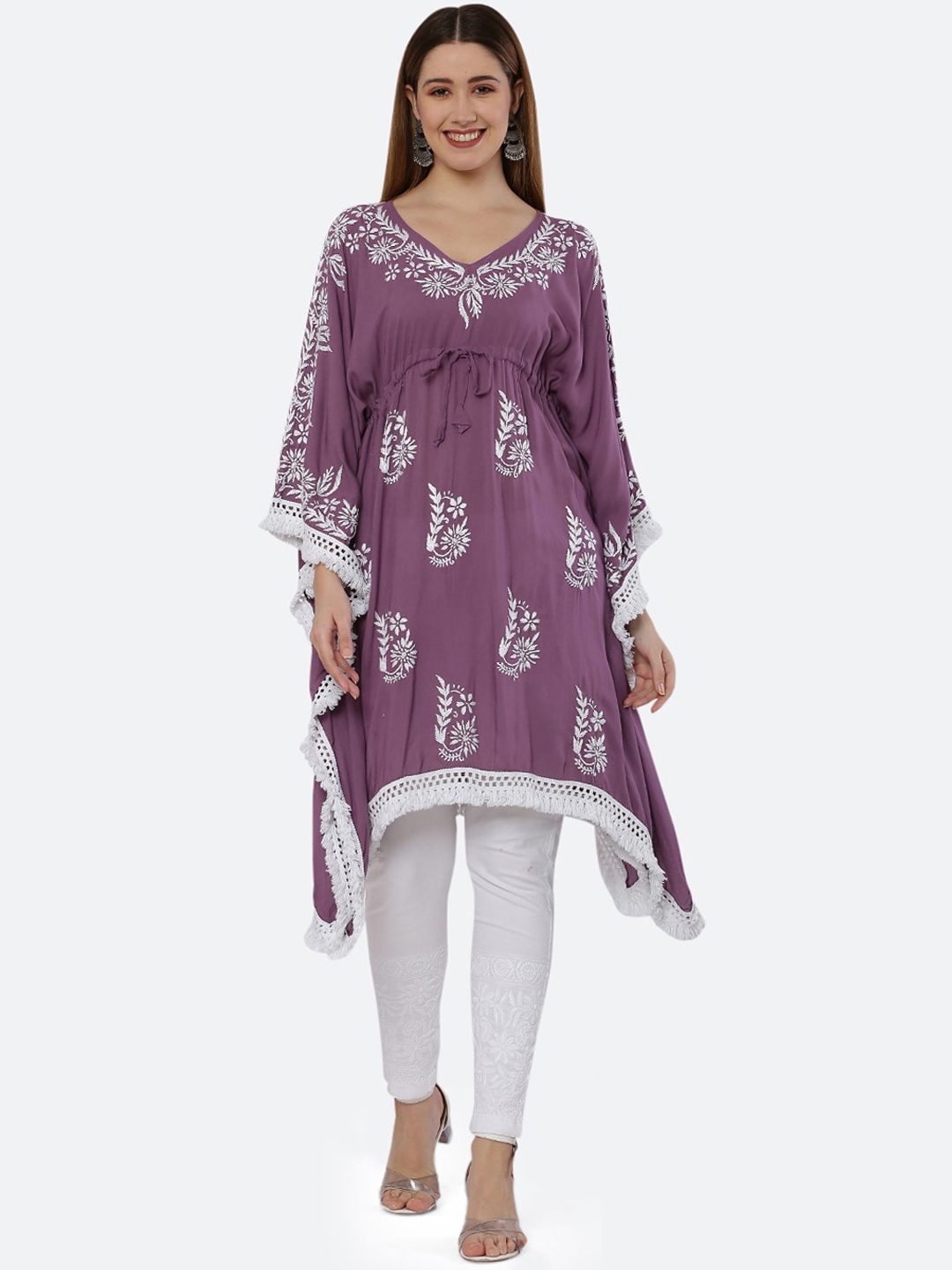 

FAWOMENT Women Purple Ethnic Motifs Printed Chikankari Kaftan Kurta