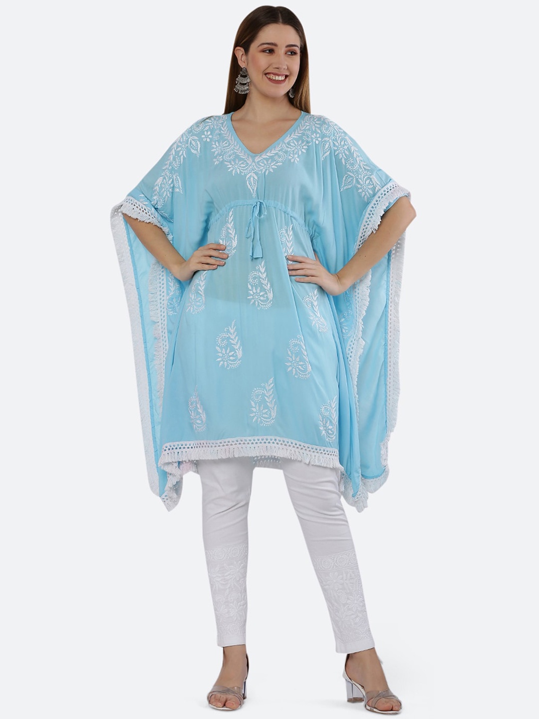 

FAWOMENT Navy Blue Ethnic Motifs Hand Embroidered Chikankari Kaftan Kurta