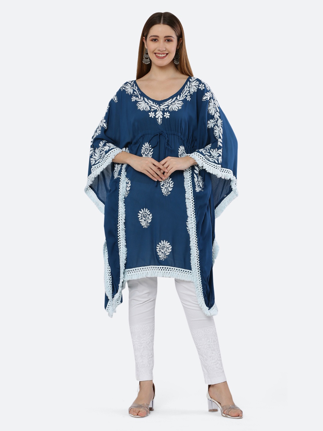 

FAWOMENT Women Blue Ethnic Motifs Printed Chikankari Kaftan Kurta