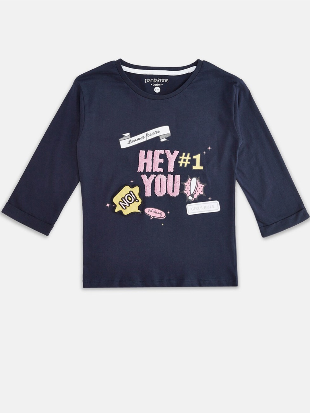 

Pantaloons Junior Girls Navy Blue & Pink Typography Printed T-shirt