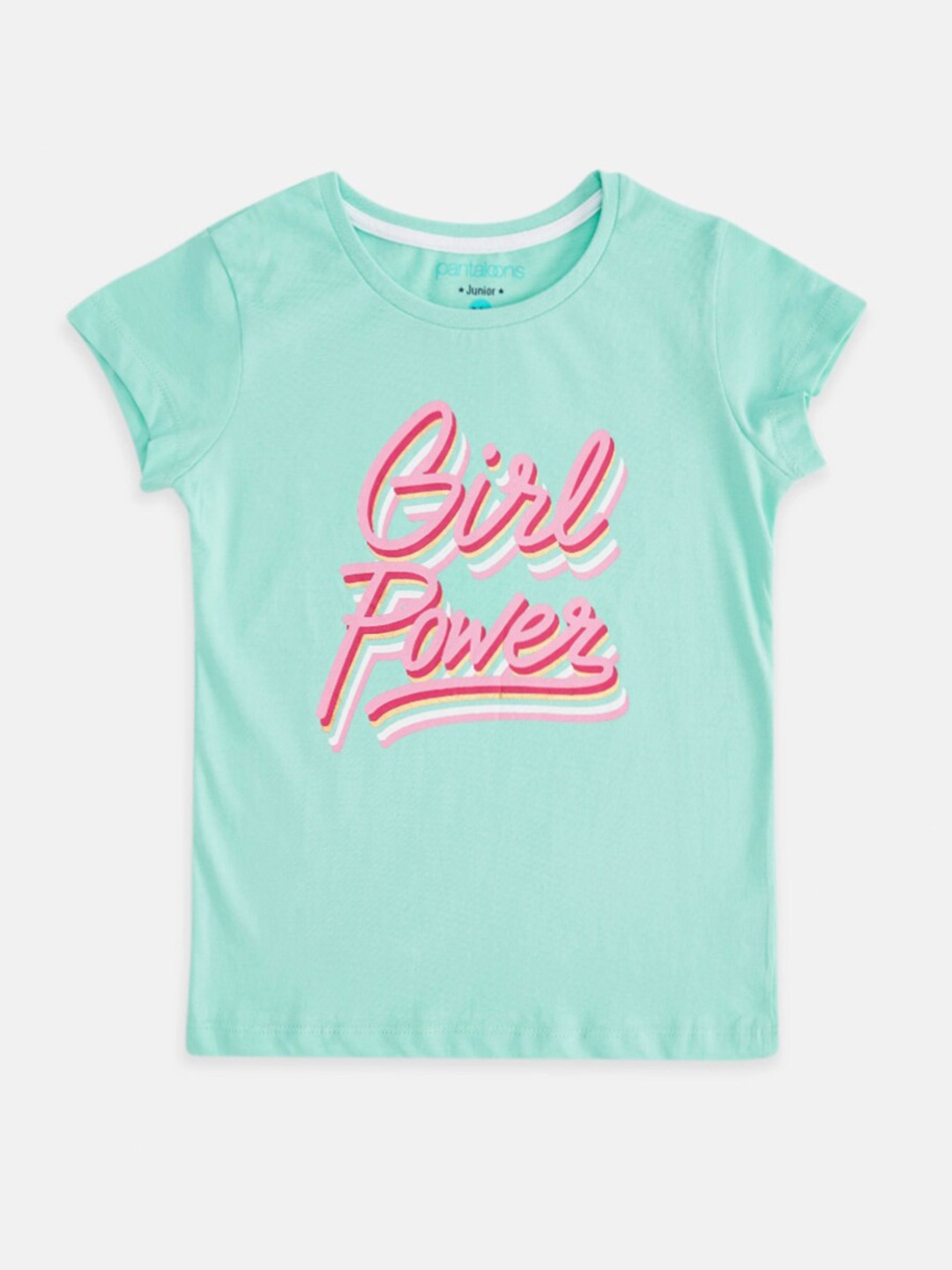 

Pantaloons Junior Girls Green & Pink Typography Printed T-shirt