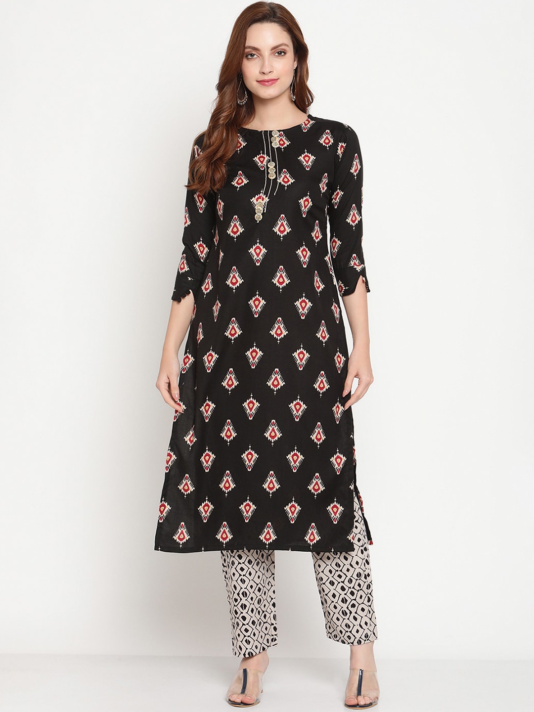 

Sugathari Women Black Ethnic Motifs Printed Beads and Stones Kurti with Trousers