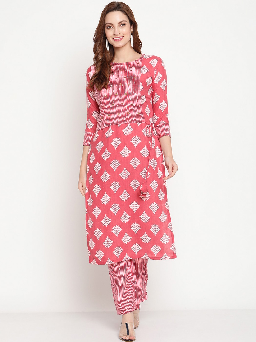

Sugathari Women Pink Ethnic Motifs Printed Beads and Stones Kurta with Palazzos