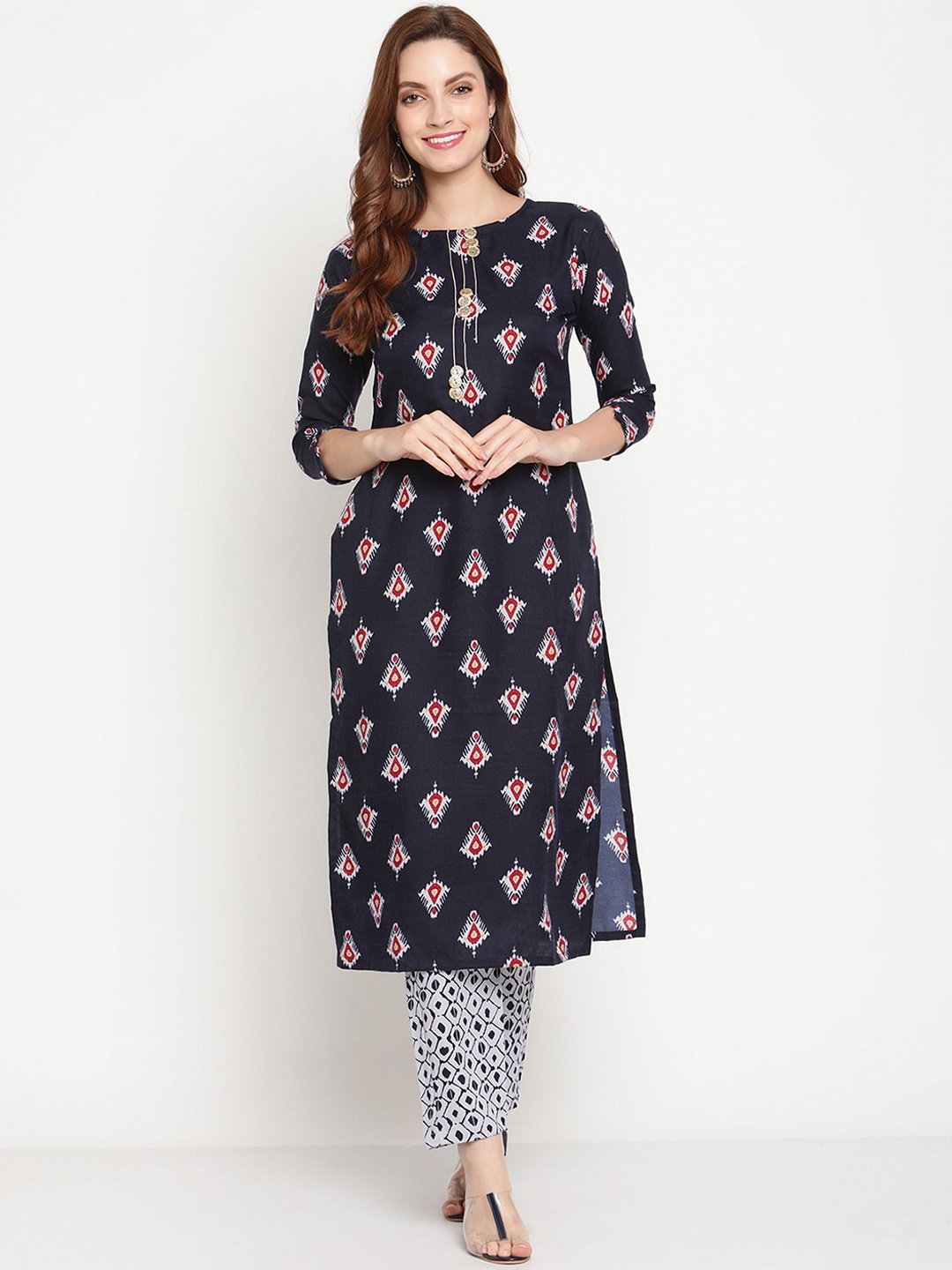 

Sugathari Navy Blue Ethnic Motifs Printed Kurta with Trousers