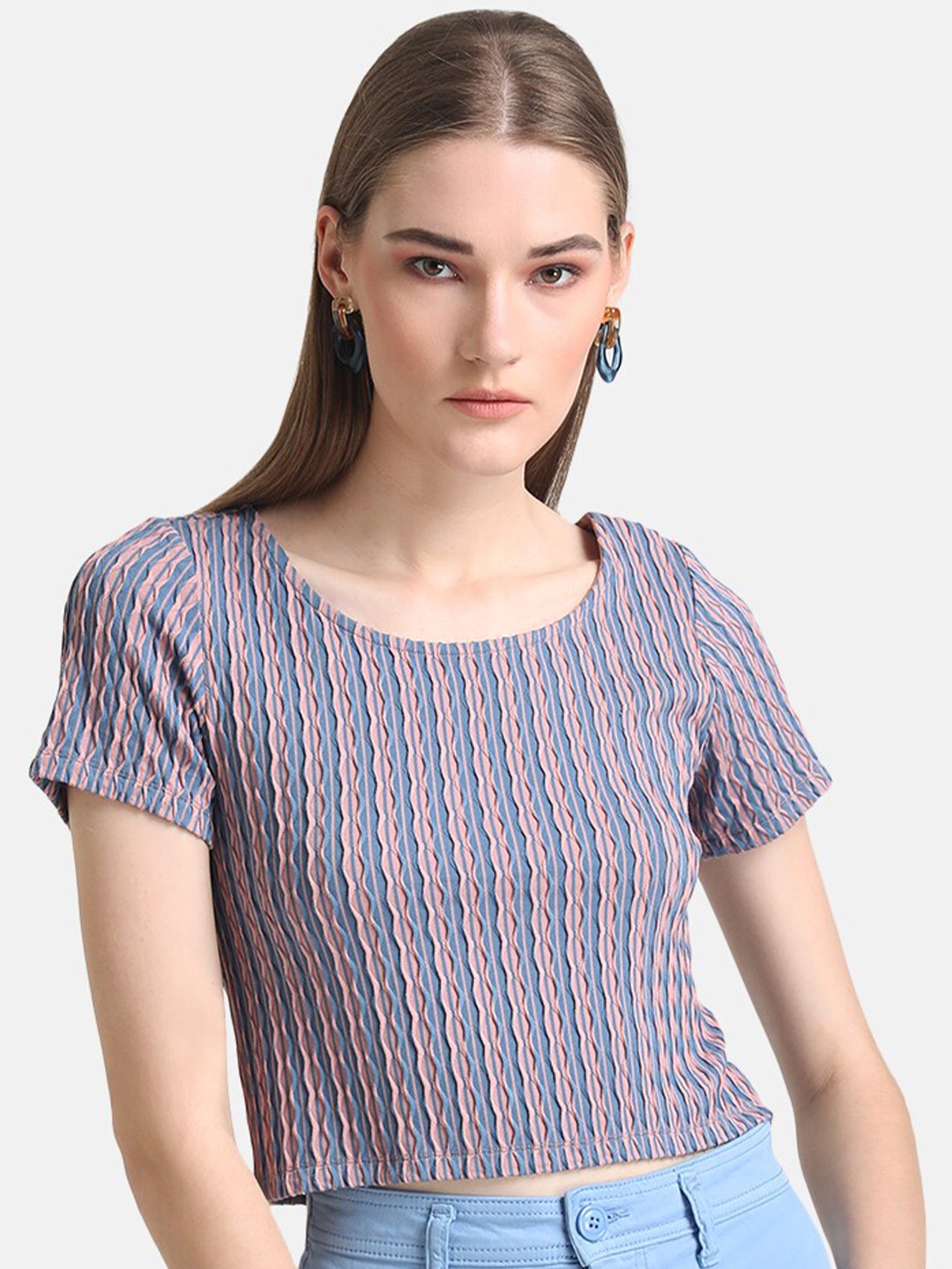 

Kazo Women Pink & Blue Striped T-shirt