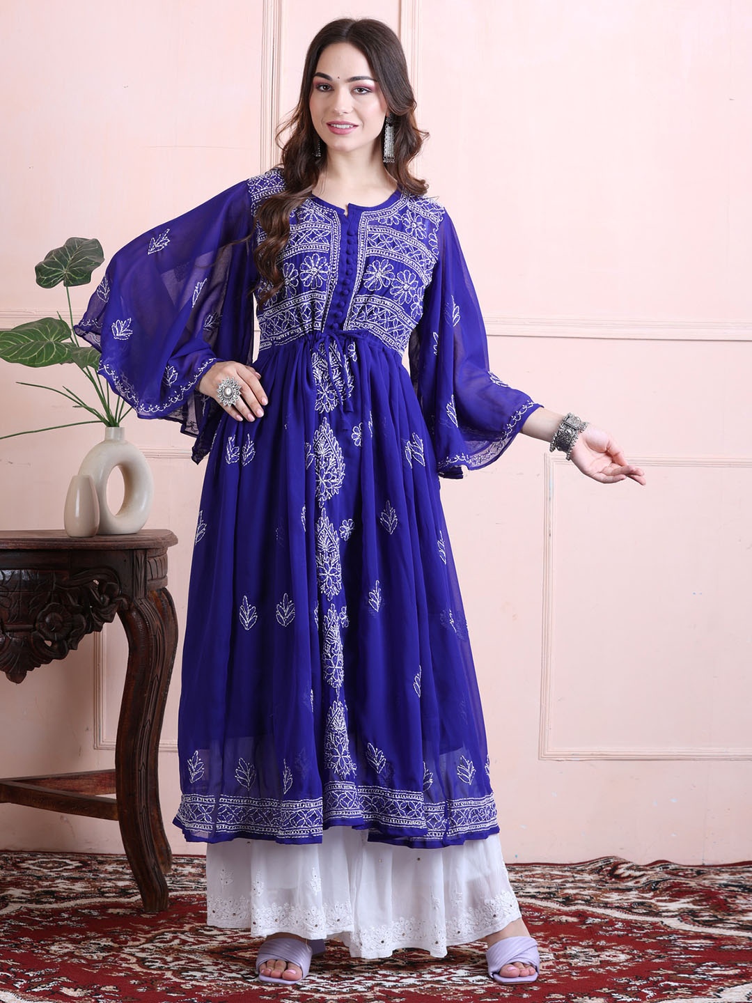 

FAWOMENT Blue Ethnic Embroidered Chikankari A-line Kurta