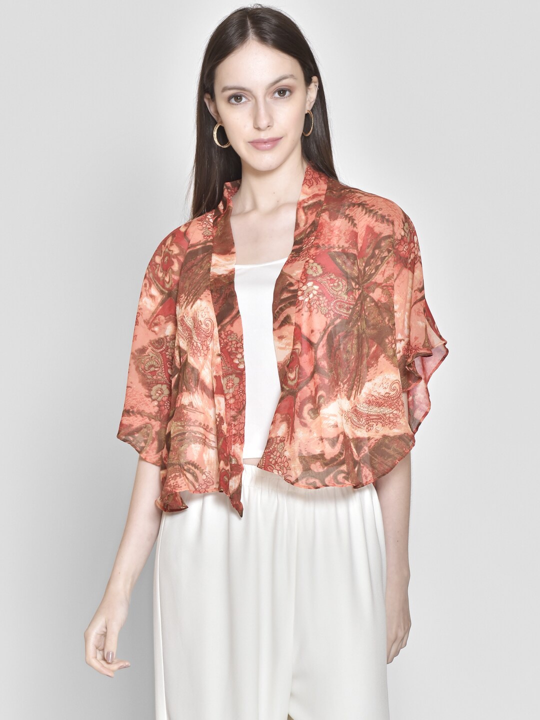

250 DESIGNS Women Red Printed Crop Shrug