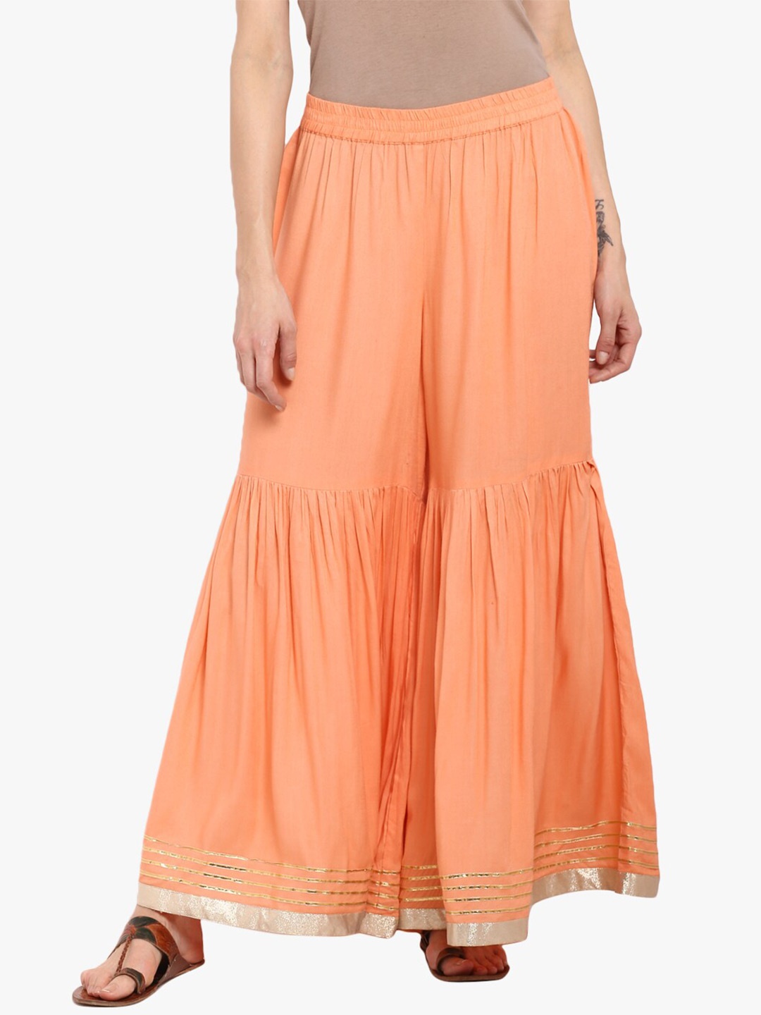 

Varanga Women Peach-Coloured & Gold-Toned Embellished Flared Palazzos