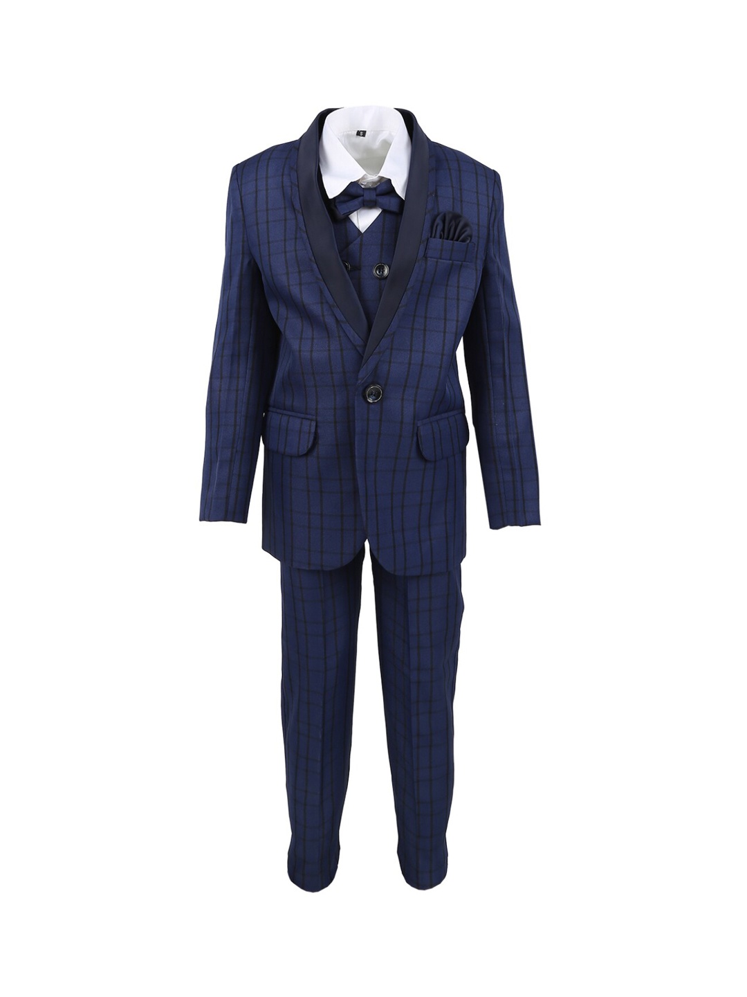 

V-Mart Boys Navy Blue Checked Regular-Fit Single-Breasted Three-Piece Formal Suit