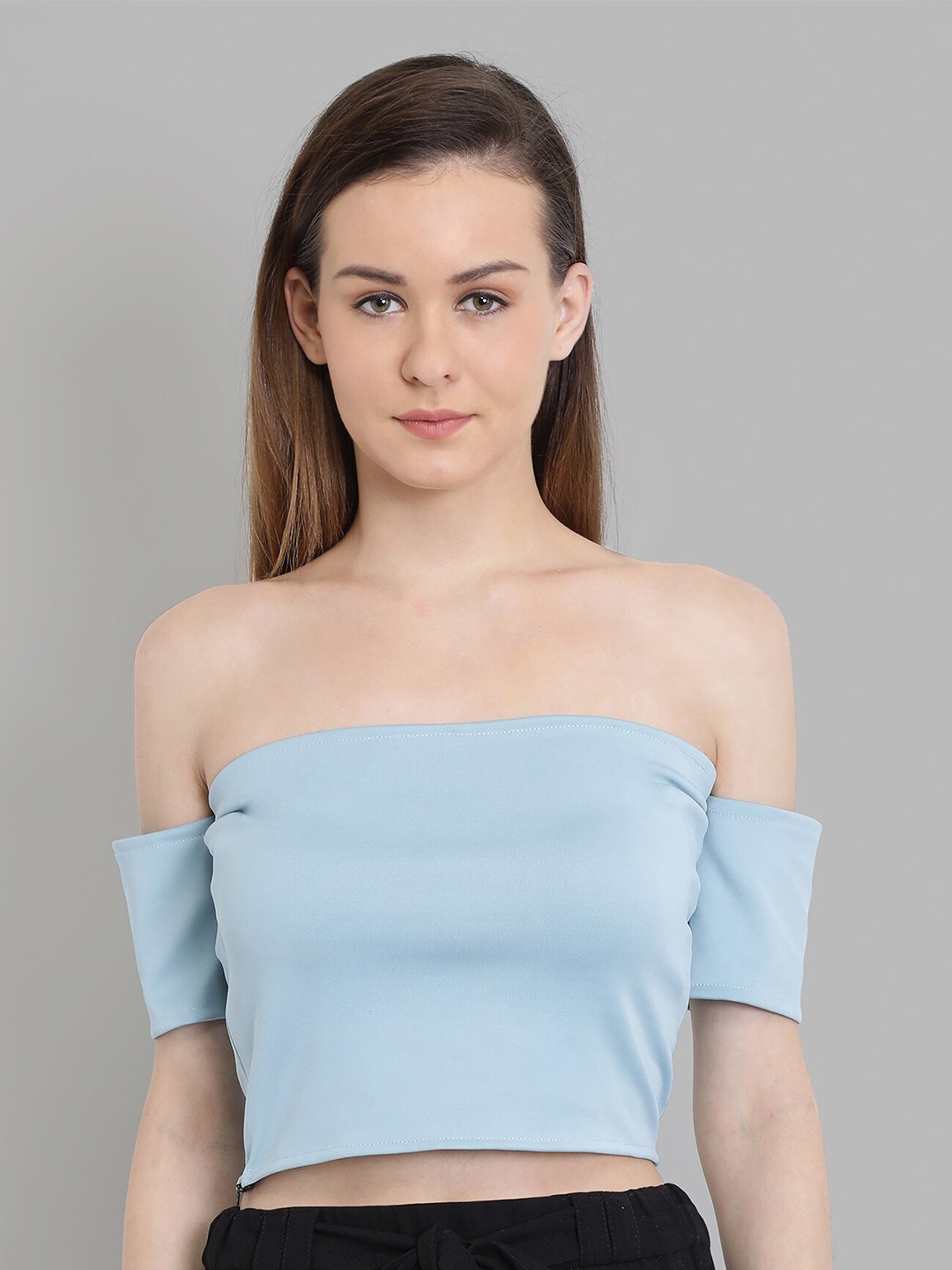 

CHIMPAAANZEE Women Turquoise Blue Off-Shoulder Bardot Crop Top