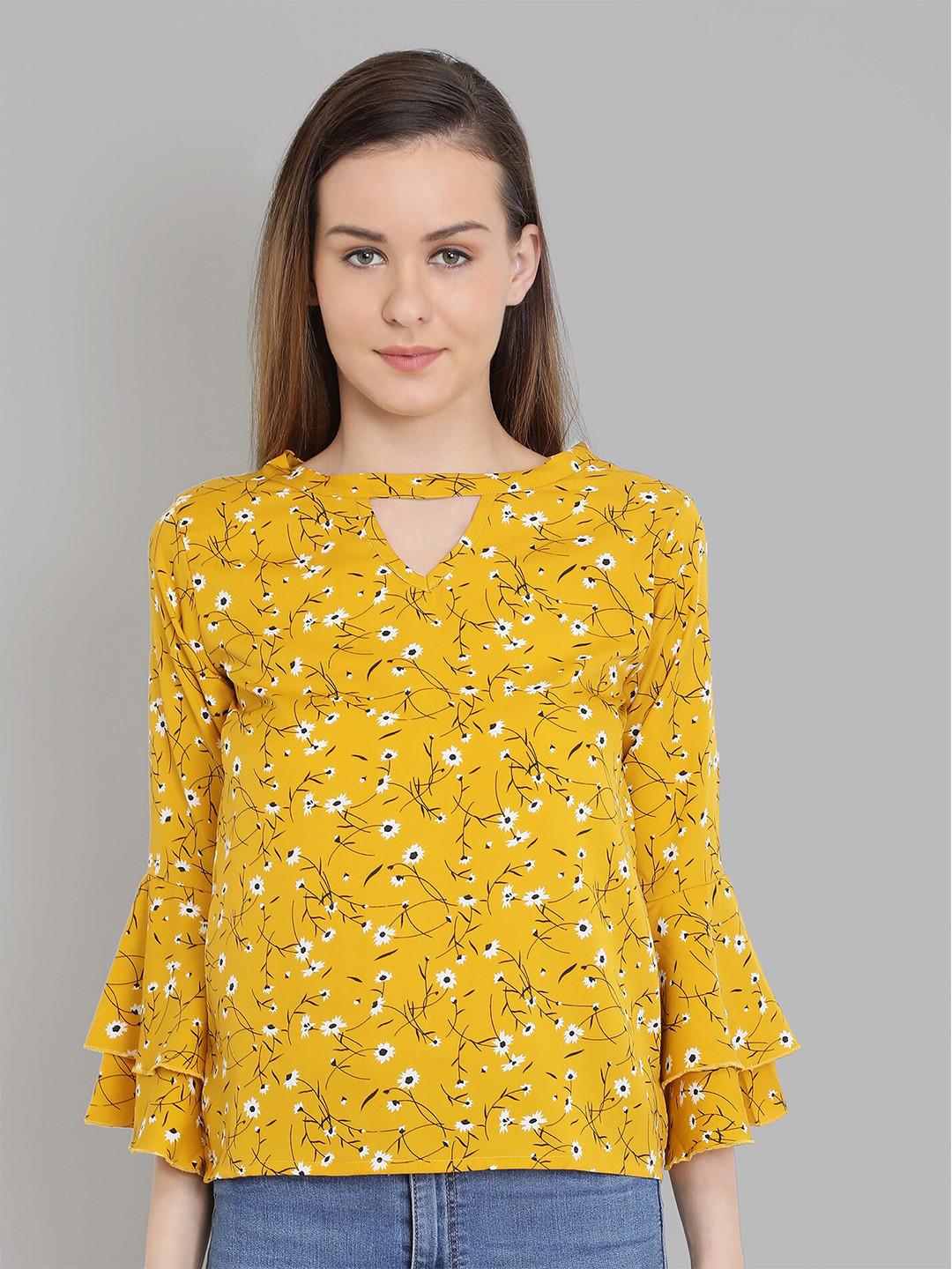 

CHIMPAAANZEE Women Yellow Floral Print Mandarin Collar Top