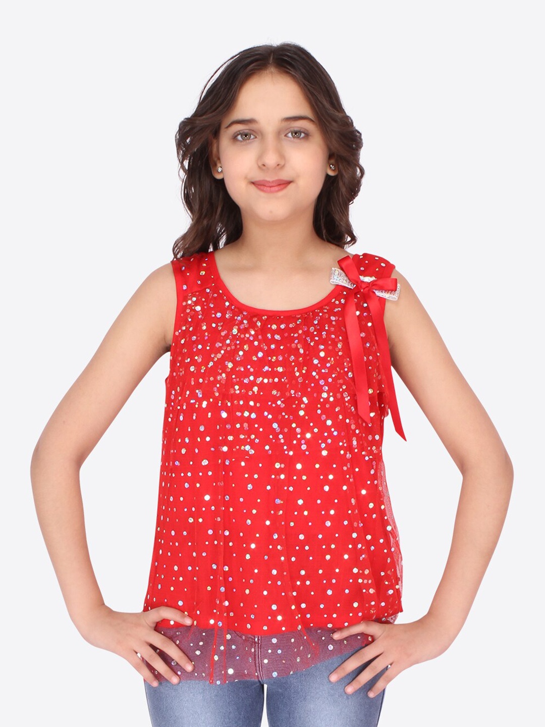 

CUTECUMBER Red & Golden Geometric Embellished Georgette Top