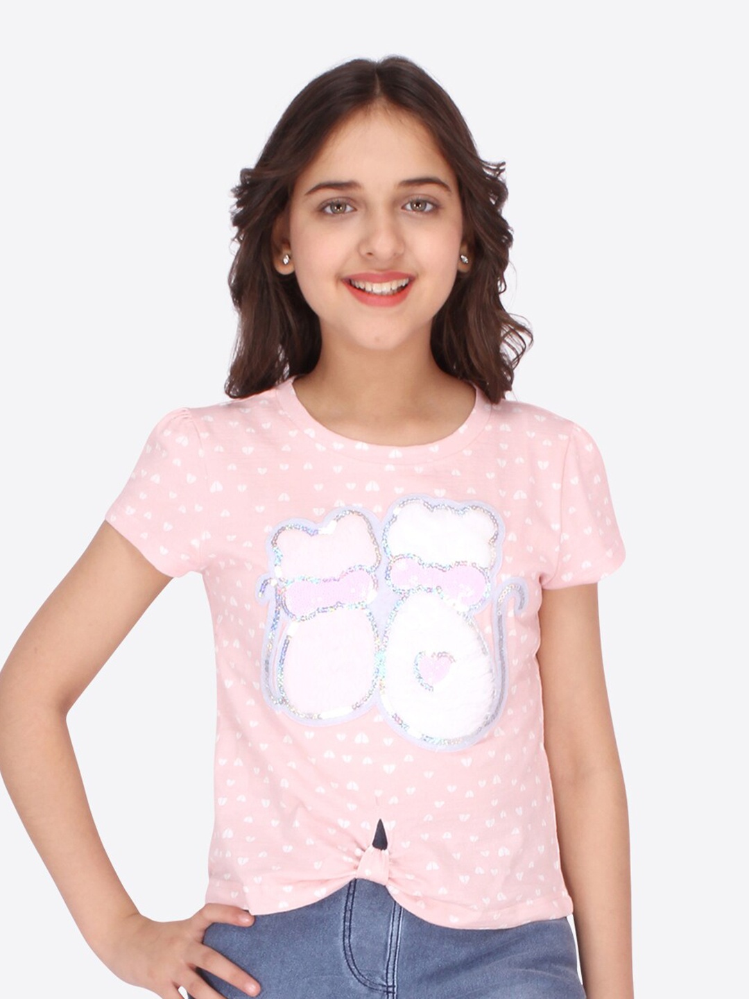 

CUTECUMBER Peach-Coloured Print Applique Top