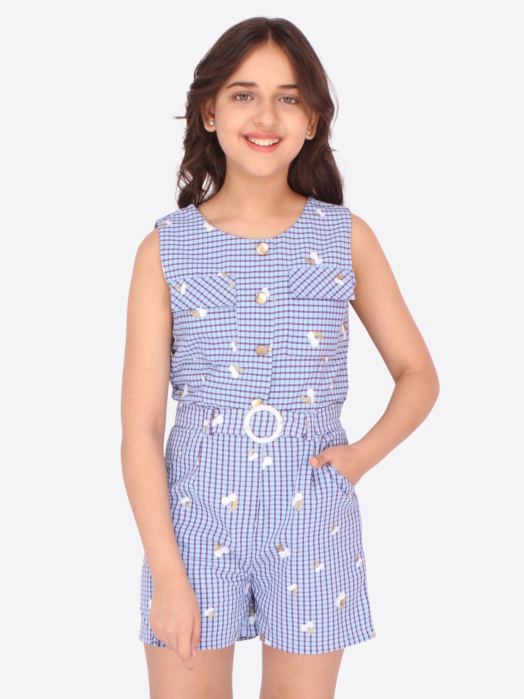 

CUTECUMBER Girls Blue & White Printed Jumpsuit
