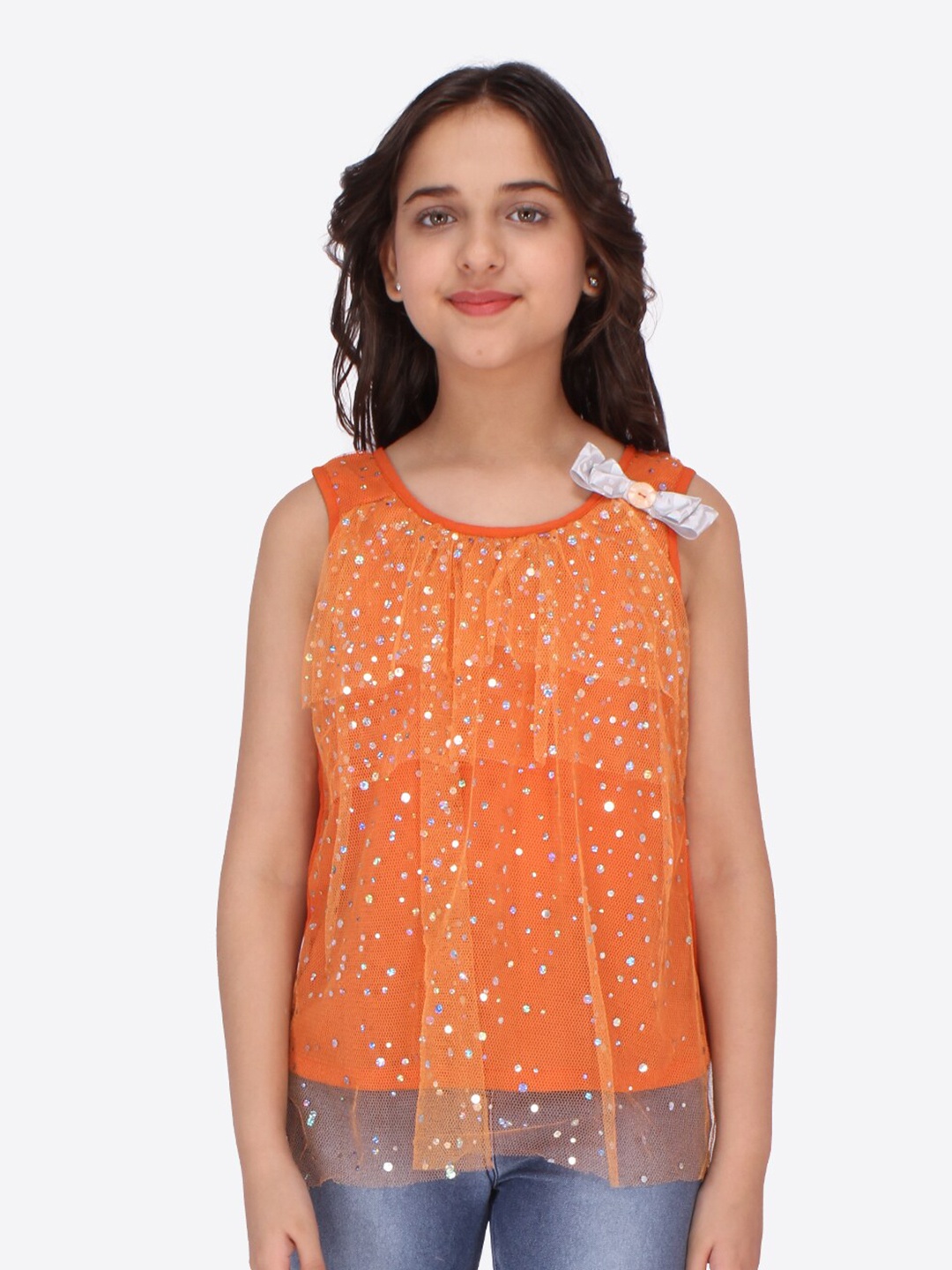 

CUTECUMBER Orange & Silver-Coloured Embellished Layered Georgette Top