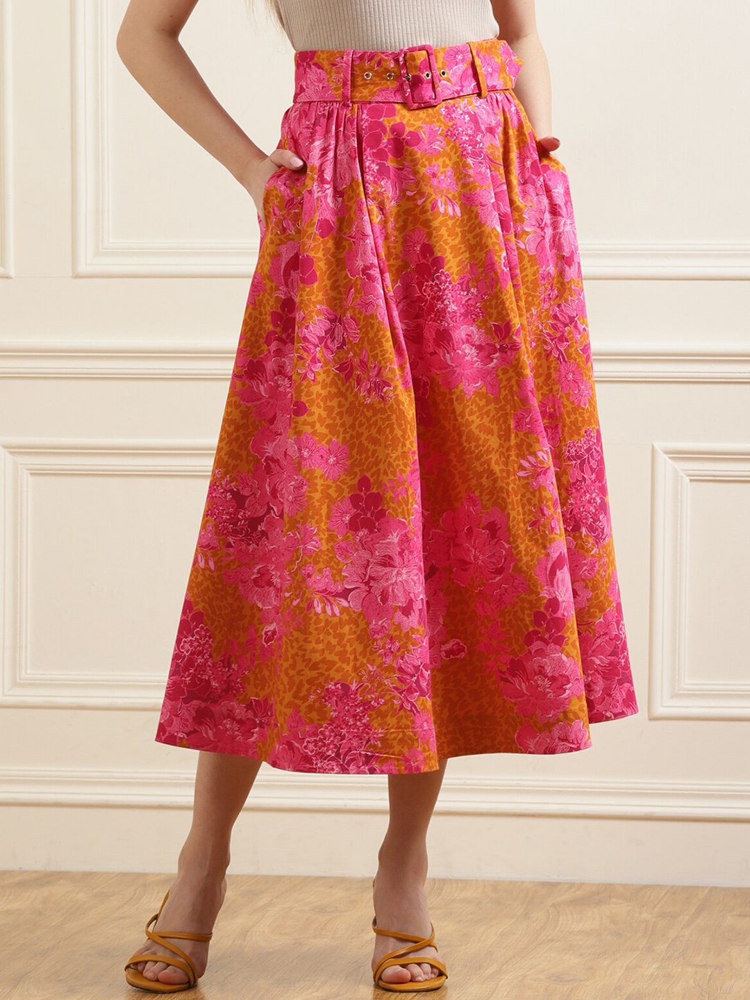 

Ted Baker Women Pink & Mustard Yellow Floral Printed Pure Cotton Midi Flare Skirt