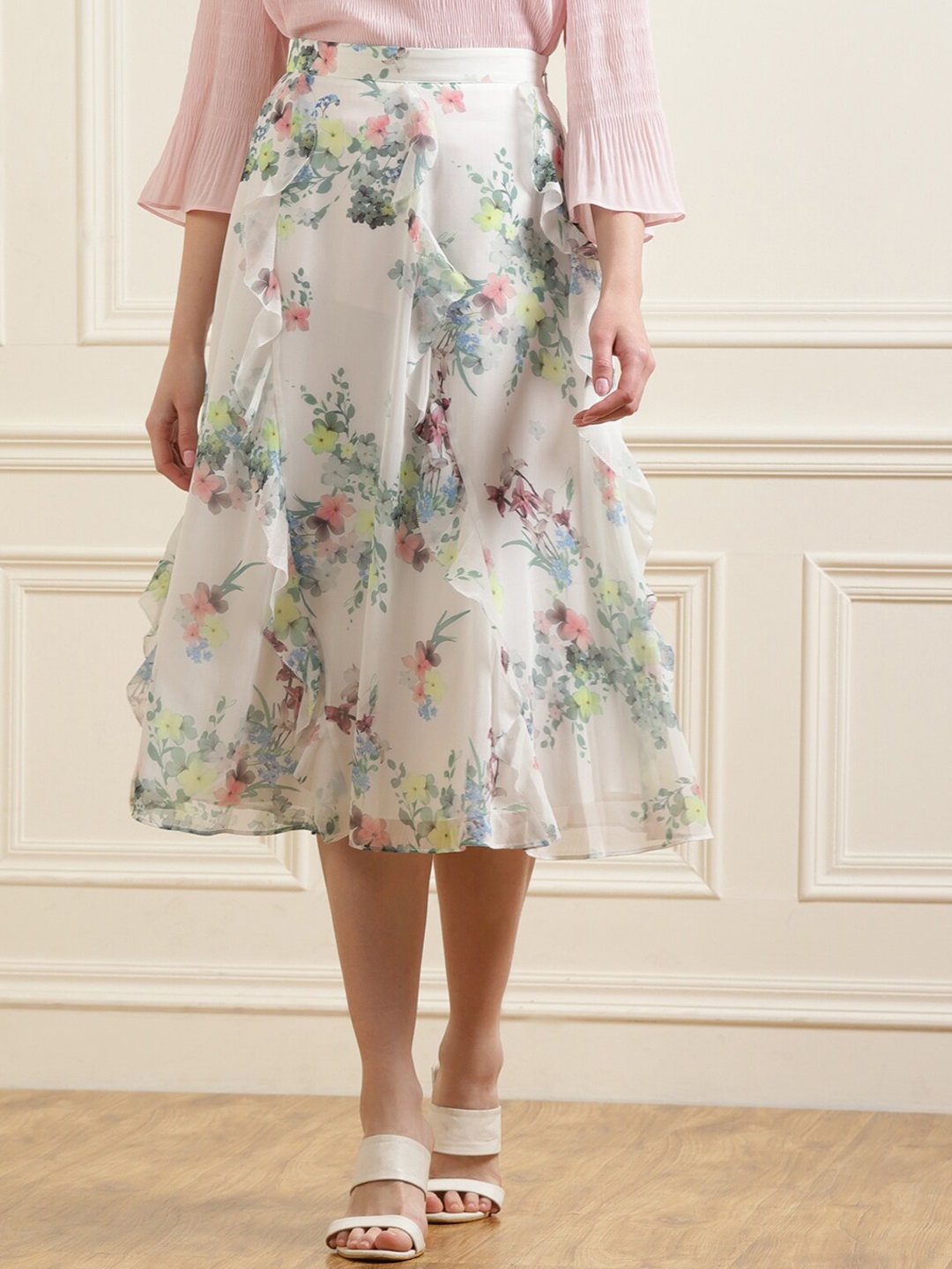 

Ted Baker Women Cream Printed Ruffle Knee-Length Skirt