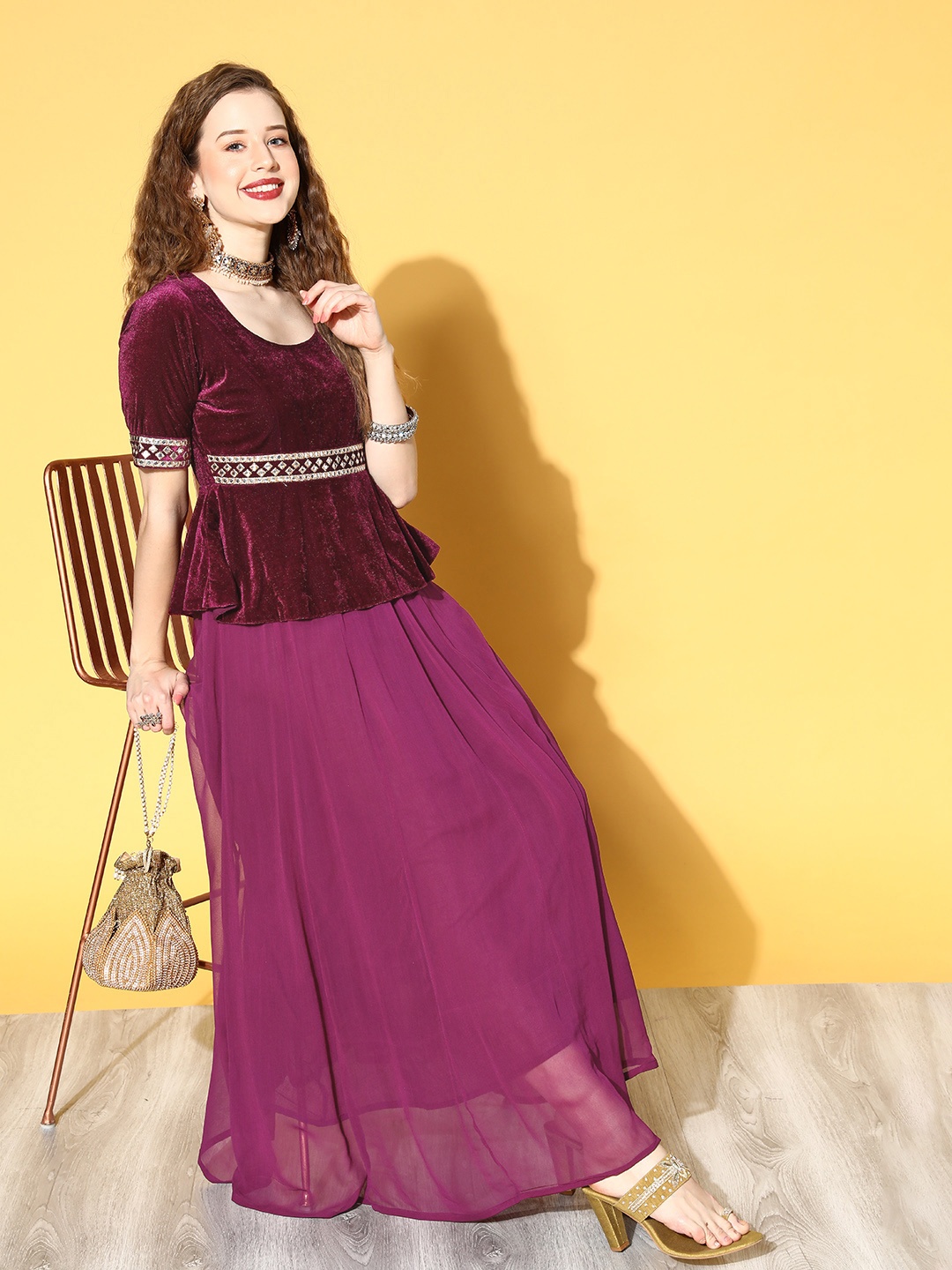

Shae by SASSAFRAS Burgundy & Golden Ethnic Peplum Maxi Dress