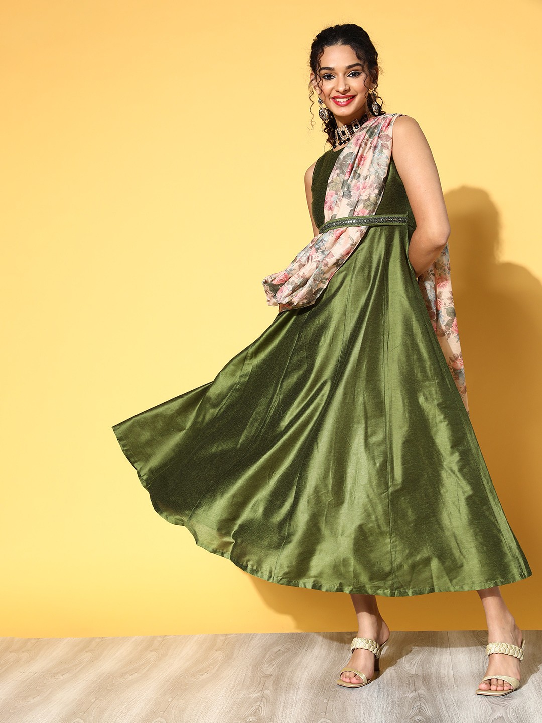 

Shae by SASSAFRAS Olive Green & Beige Ethnic Midi Dress with Attached Dupatta