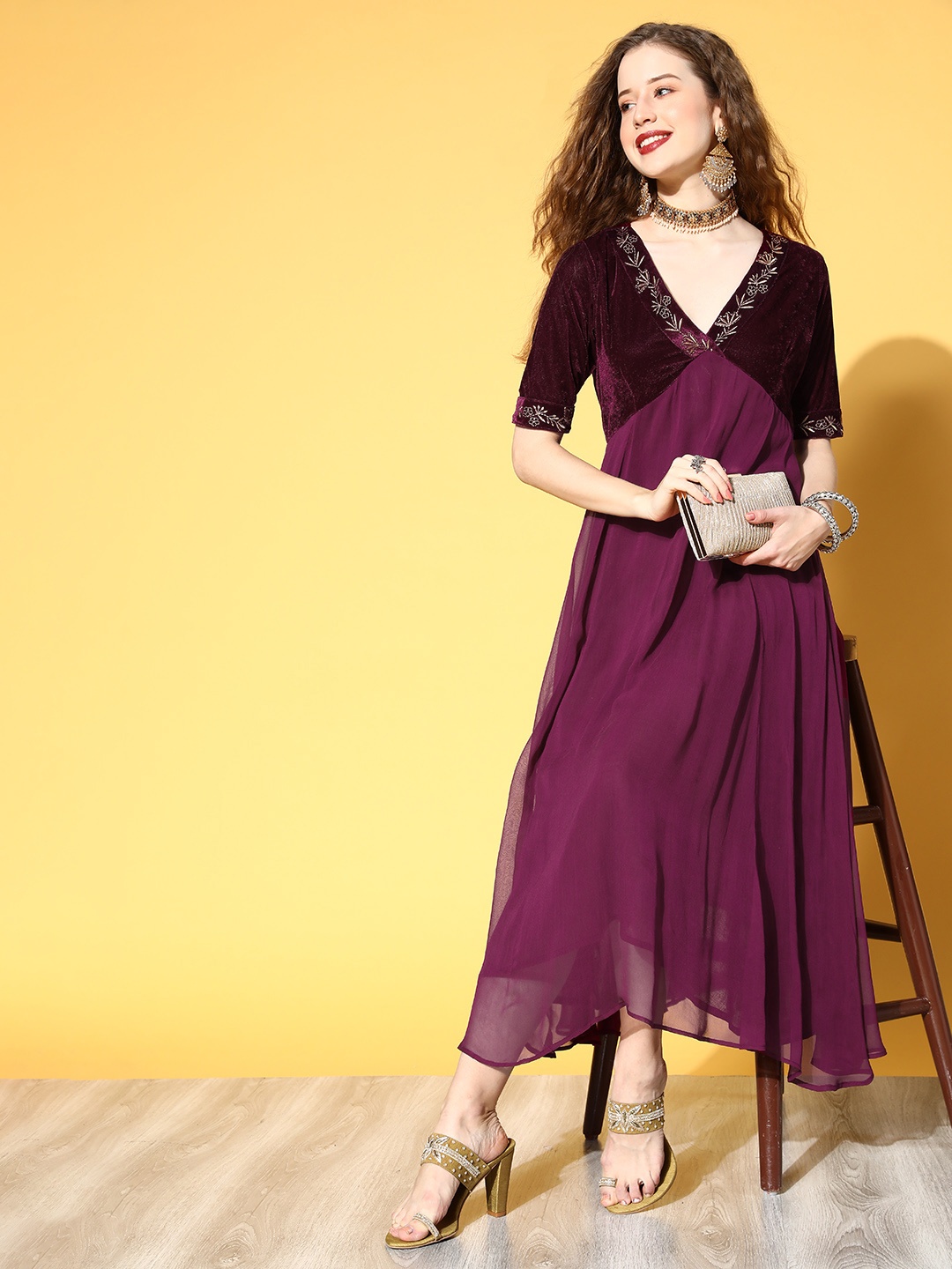 

Shae by SASSAFRAS Burgundy & Golden Ethnic Empire Midi Dress