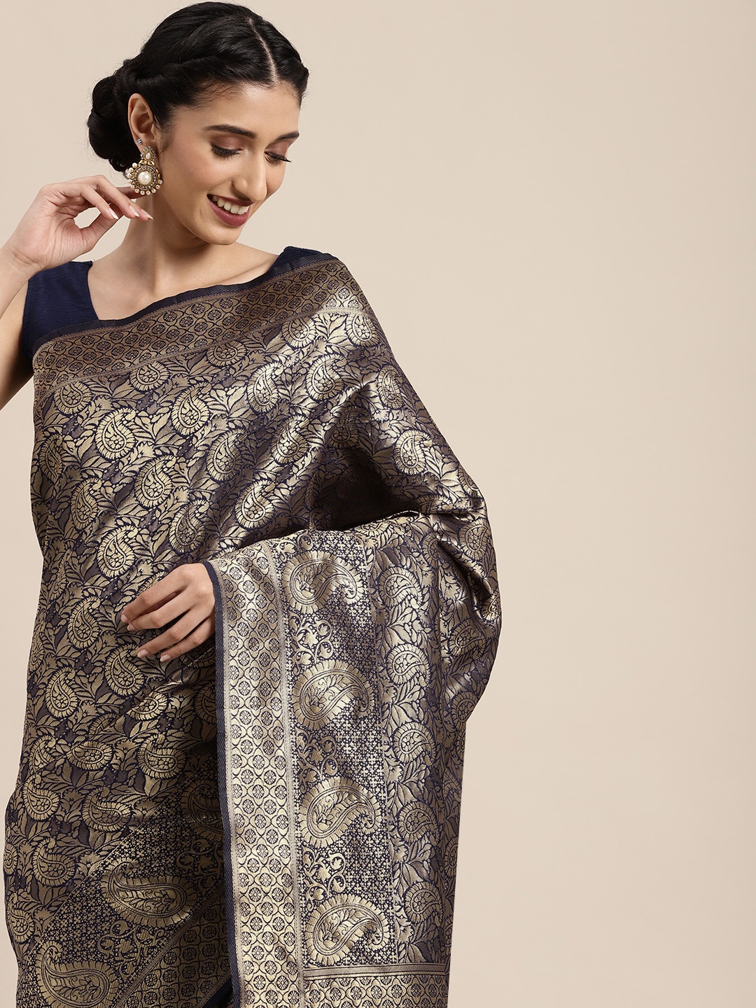 

Mitera Navy Blue & Gold-Toned Woven Design Zari Silk Blend Saree