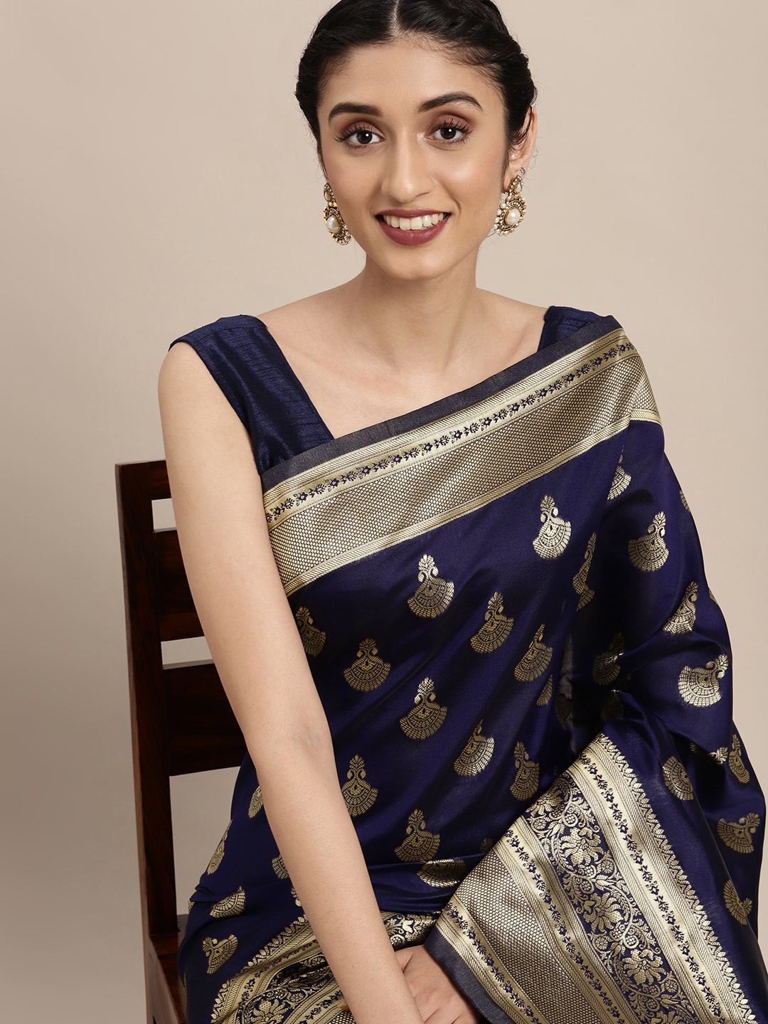 

Mitera Navy Blue & Gold-Toned Woven Design Zari Silk Blend Saree