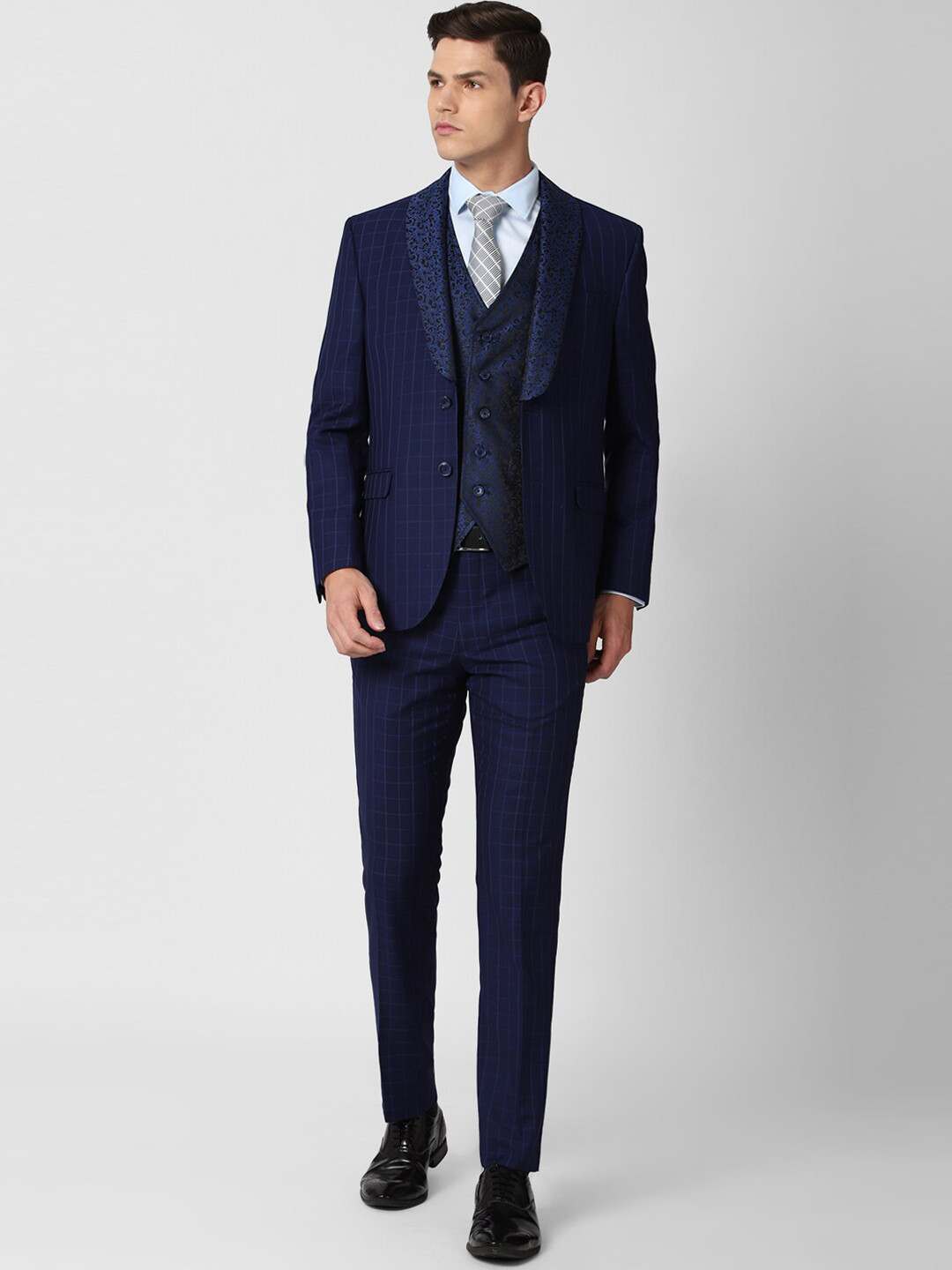

Van Heusen Men Navy Blue Checked Slim Fit Three Piece Formal Suit