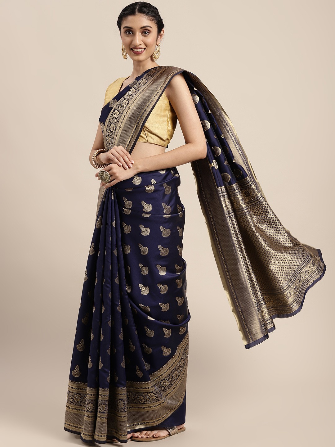 

Shaily Navy Blue & Gold-Toned Woven Design Zari Silk Blend Saree
