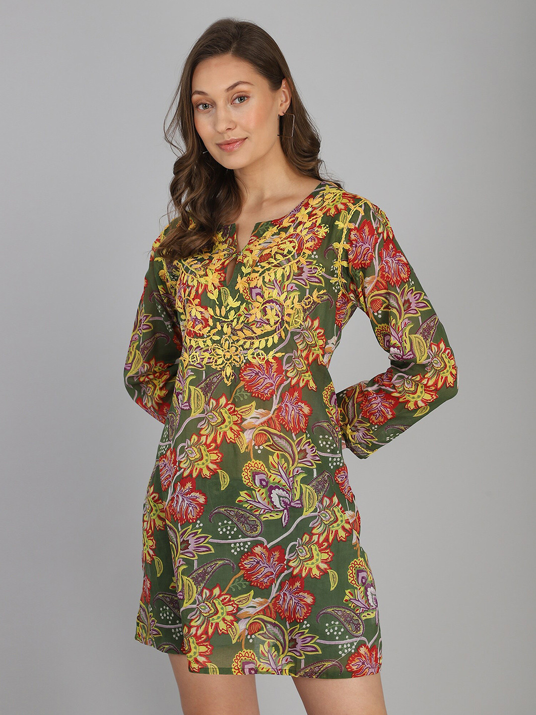 

Aditi Wasan Green & Yellow Floral Embroidered A-Line Cotton Dress