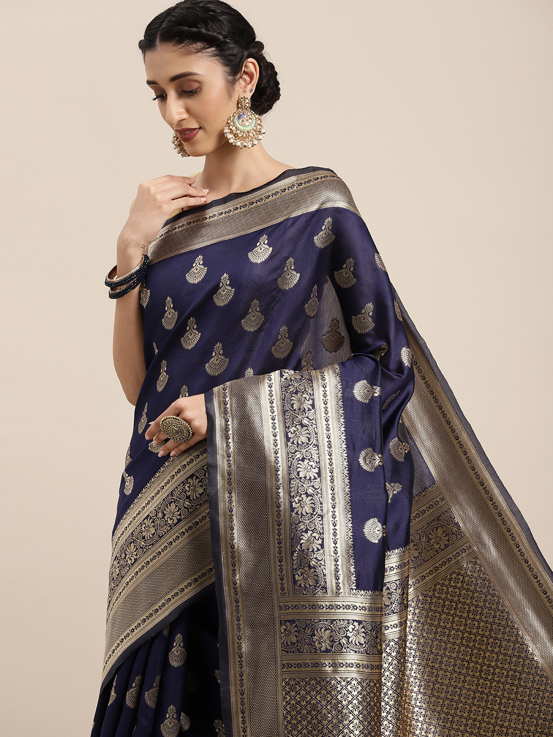 

KALINI Navy Blue & Silver-Toned Ethnic Motifs Zari Silk Blend Saree