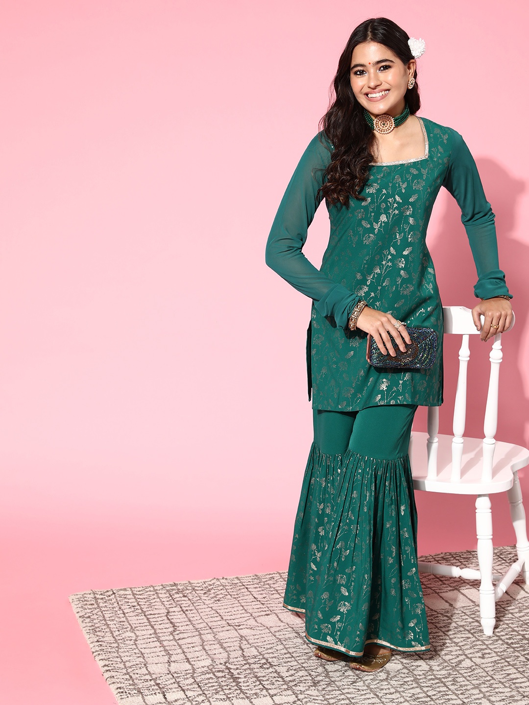 

Janasya Women Teal Crepe Gold Print Kurta with Gharara, Green