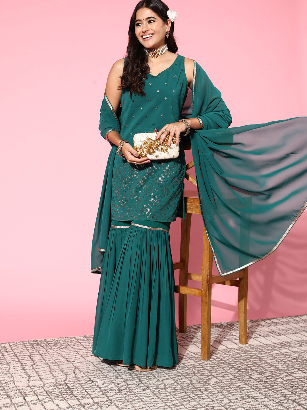

Janasya Women Teal Green Printed Kurta with Sharara & Dupatta
