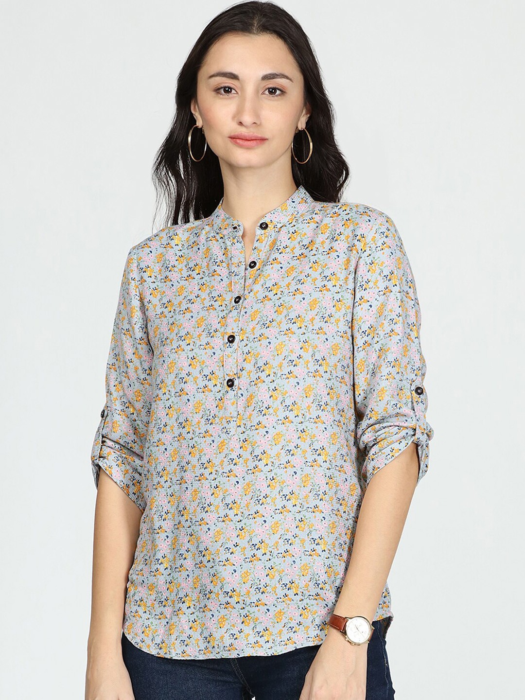 

IDK Grey Floral Print Roll-Up Sleeves Shirt Style Top