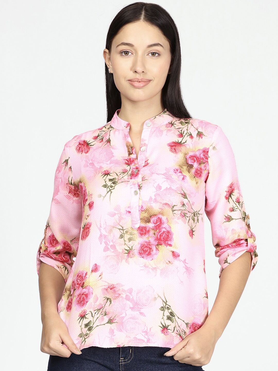 

IDK Pink Floral Print Mandarin Collar Roll-Up Sleeves Top