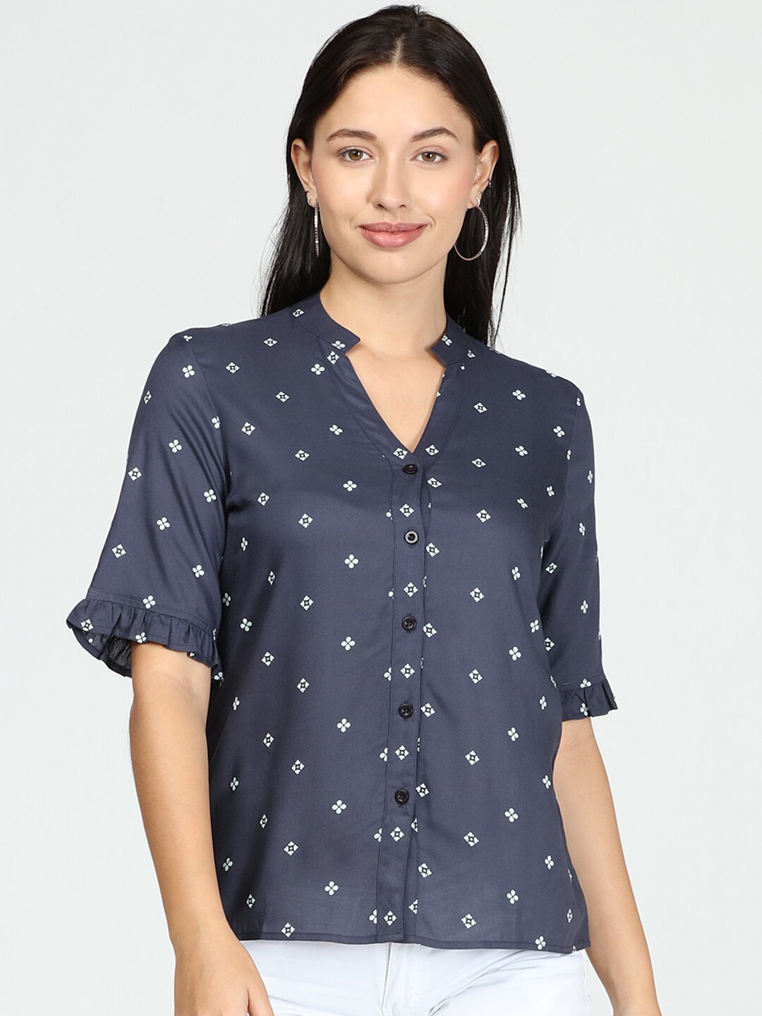 

IDK Blue Print Mandarin Collar Shirt Style Top