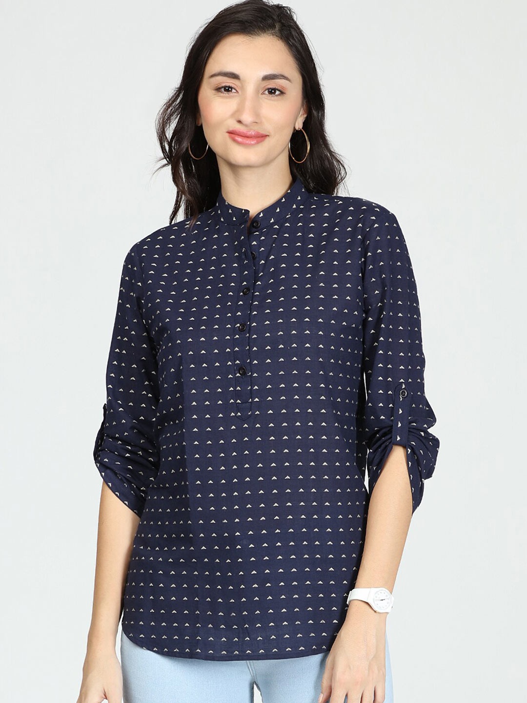 

IDK Women Blue Geometric Print Mandarin Collar Cotton Shirt Style Top