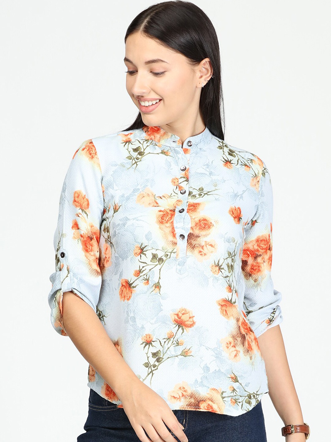 

IDK Blue Floral Print Roll-Up Sleeves Top