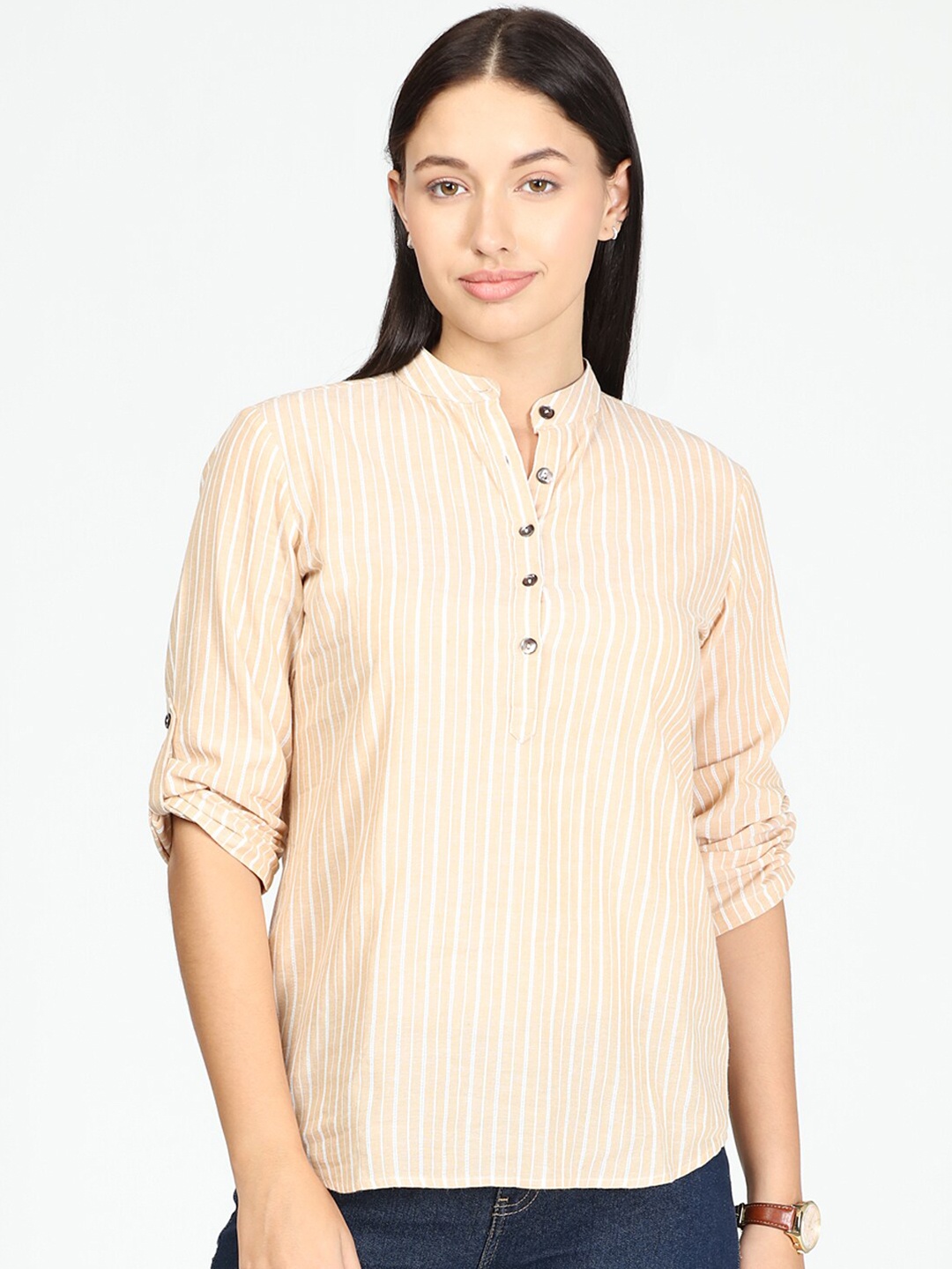 

IDK Beige & White Striped Mandarin Collar Roll-Up Sleeves Shirt Style Top